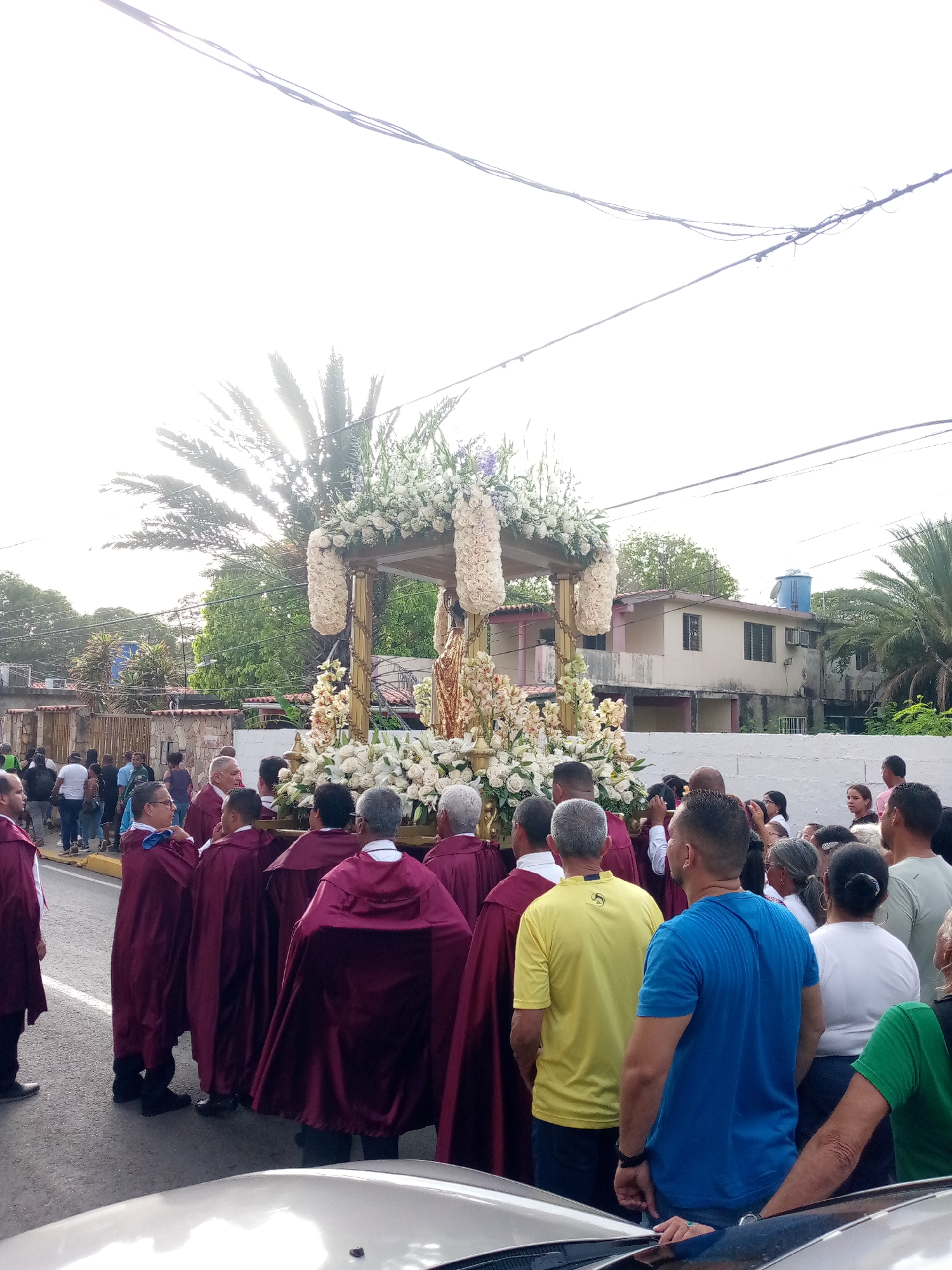 In San Juan Bautista, Venezuela, a religious procession is underway. A golden float, adorned with abundant white and light pink flowers, is being carried by several men wearing deep maroon robes. The float appears to carry a statue of a religious figure. A crowd of onlookers, dressed in casual attire, are present on the street and sidewalk. Palm trees and houses are visible in the background. The sky is bright and overcast. The scene appears to be taking place during the daytime.