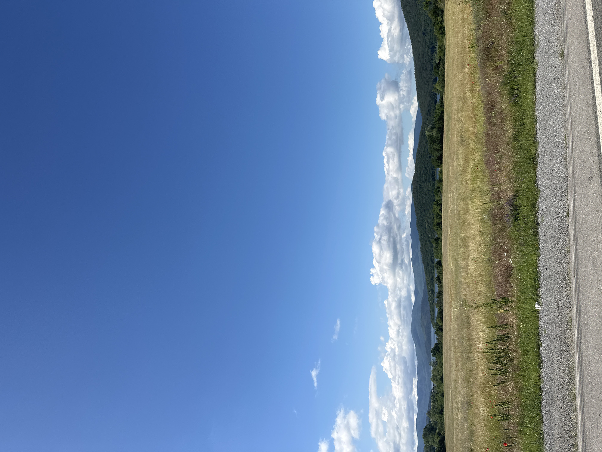 The image depicts a landscape in Konare, Bulgaria, consisting of a clear blue sky with scattered white clouds. Adjacent to the sky is a field of yellow and green grass, suggesting a transition between seasons. A line of trees separates the field from a body of water, possibly a lake or river. In the foreground, there is a gray road with a gravel shoulder. No people, subjects, actions, or interactions are visible in the image.