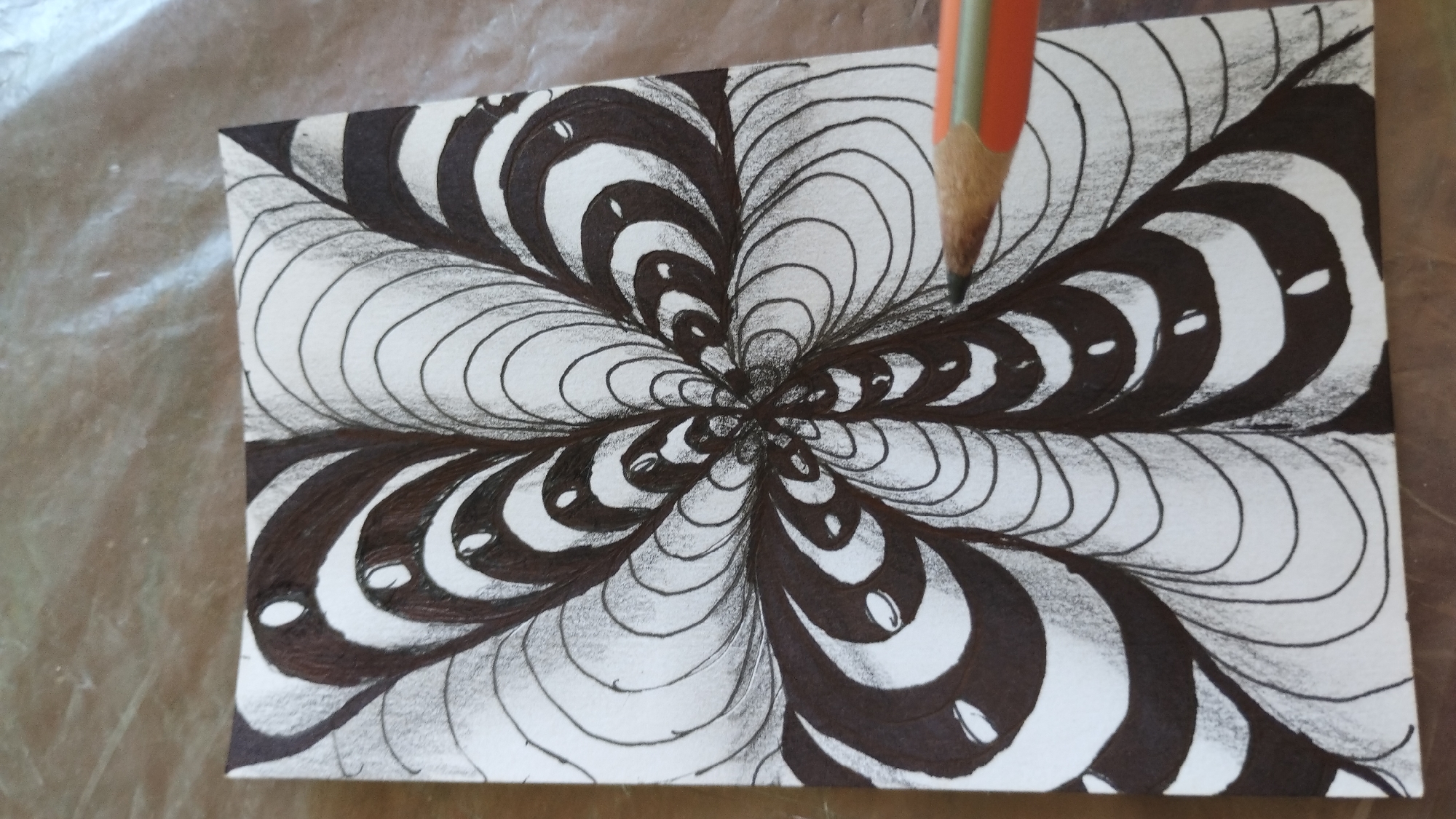 A pencil drawing of a black and white optical illusion is shown. The drawing is on a rectangular piece of white paper. The illusion is created by a series of concentric, curved lines that create a sense of depth and movement, with dark shaded areas and white highlights suggesting a three-dimensional form. A pencil with an orange and green casing is partially visible in the upper right corner, poised over the drawing, suggesting the artwork is in progress. The drawing is placed on a textured surface that appears to be brown and beige. There is no visible text in the image. The lighting is bright, casting subtle shadows. The image captures a close-up view of the artwork, emphasizing the intricate details of the optical illusion.