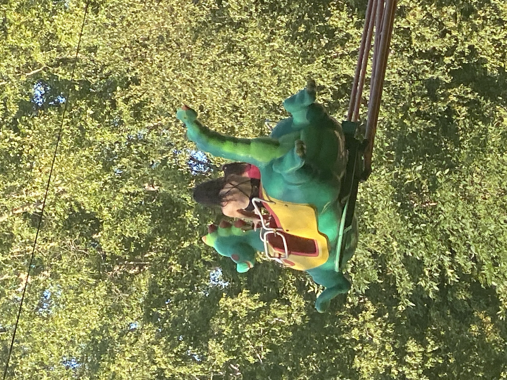 An amusement park ride shaped like a green dragon with a yellow seat is seen in motion against a backdrop of lush green trees. A woman with dark hair is seated on the dragon, wearing a black tank top. The ride appears to be suspended by metal rods, suggesting it is part of a larger amusement park attraction. The environment is sunny, with dappled light filtering through the leaves. The location of the image is the amusement park "Raduga" in Novokuznetsk, Russia.