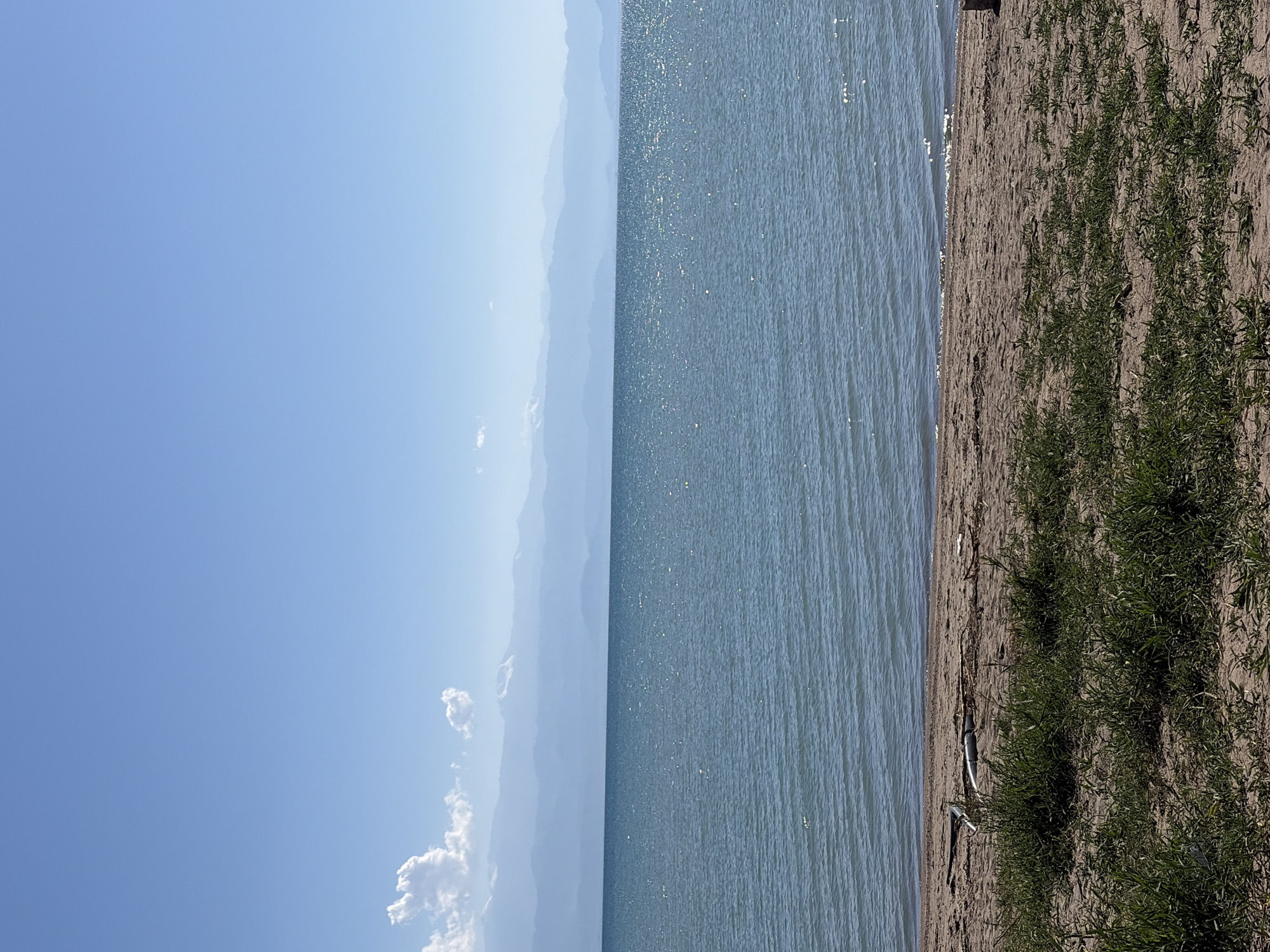 The image shows a scenic view of a large body of water, likely a lake, meeting a sandy beach. The water is a calm blue, with small waves gently lapping at the shore. Sunlight glints off the surface of the water, creating a shimmering effect. In the distance, a range of mountains is visible, their peaks appearing hazy and blue against the clear sky. The sky itself is a vibrant, cloudless blue, with a few wispy white clouds scattered near the horizon. The foreground of the image is dominated by the sandy beach, with patches of dry grass and some debris, including what appears to be a piece of pipe, scattered along the shoreline. The overall impression is one of tranquility and natural beauty, a serene landscape bathed in sunlight. The specific location in the city of Unknown, Unknown is not discernable from the image.