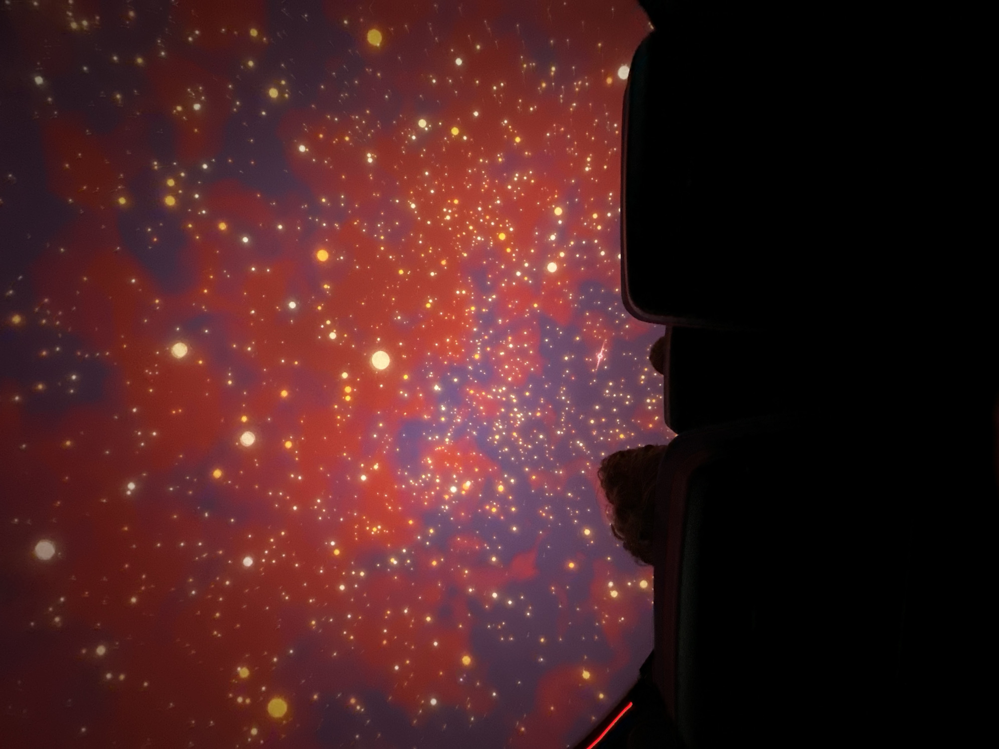 An indoor shot captures a star-filled dome ceiling, projected with a red and purple nebula. In the foreground, the dark silhouettes of theater seats are visible. The head and shoulders of a person wearing a red shirt are visible above the seat back in the center of the frame. The lighting is dim, with the dome ceiling being the primary light source.