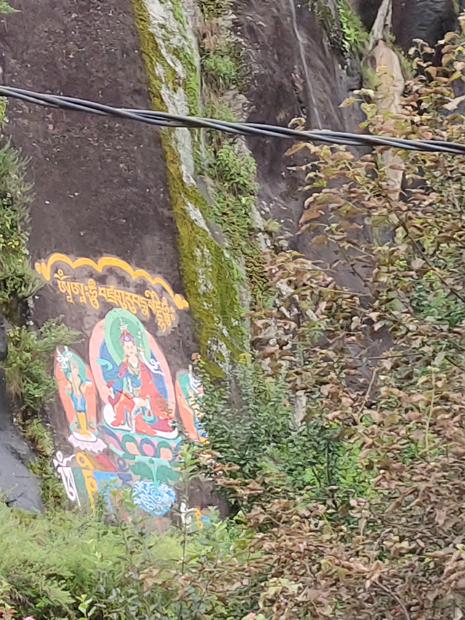 A rock face in Barheta, India, is adorned with a vibrant mural of Buddhist deities and Tibetan script. The artwork features a central figure, likely a deity, seated and surrounded by colorful offerings or symbols. To the left and right of this central figure are two smaller figures, also depicted in a seated posture. Above the central figure, yellow Tibetan script arches across the rock. The rock face is partially covered with patches of green moss and vegetation, suggesting a humid or damp environment. In the foreground, to the right of the mural, dense foliage with brown and green leaves obscures parts of the scene, indicating a natural, possibly overgrown setting. Overhead, dark electrical wires stretch across the frame, hinting at the presence of human infrastructure near this natural or spiritual site. The overall impression is one of a sacred space integrated into the natural landscape.