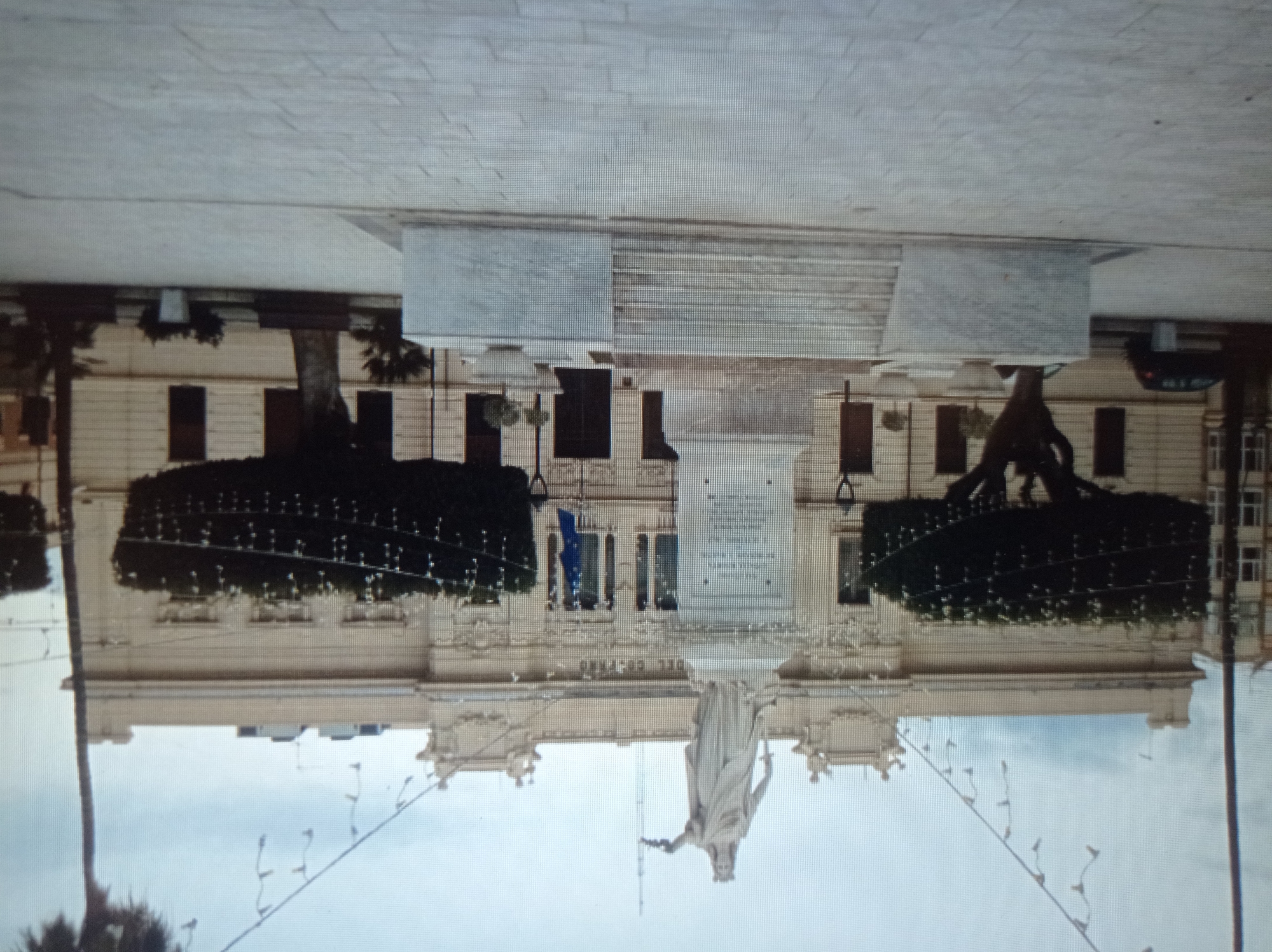 The image depicts a frontal view of a monument in front of a large, pale building. The monument features a white statue of a robed figure with an outstretched arm, standing atop a multi-tiered base. The base has inscriptions on its visible faces. Flanking the monument are two large, dark, sculpted trees with strings of lights draped around them. Behind the monument, the building has a central section with windows and ornate architectural details, including sculptures above the upper windows and the word "GOVERNO" visible above the central entrance. A blue flag is visible to the right of the monument. The foreground is a paved square with a grey, tiled surface. The environment appears to be a public space, possibly a town square or piazza, in front of a government building. The image is taken during the day, with an overcast sky. There are no people or animals clearly visible in the image. The location in the city of Mukachevo, Ukraine is not indicated by any visual elements in the image.