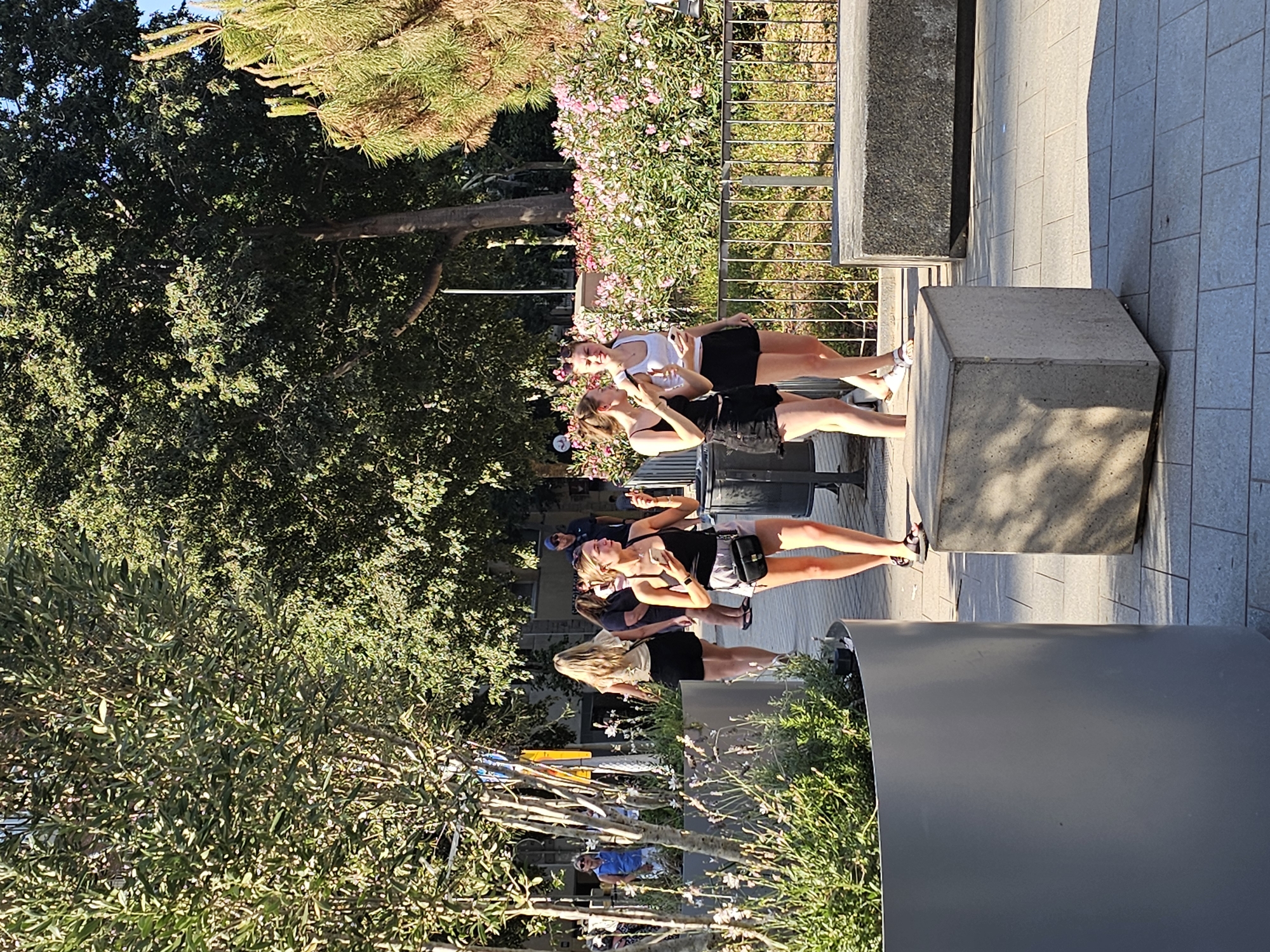The image shows a group of people standing and sitting outdoors in Barcelona, Spain. The scene is bathed in the warm light of what appears to be late afternoon or early evening. Lush green trees and flowering bushes with pink blossoms frame the area, suggesting a pleasant, possibly Mediterranean climate.
Several individuals are visible, mostly young women, dressed casually in summer attire. One woman in the foreground is wearing a black tank top and shorts, holding a phone in her hand. Another woman beside her has a white tank top and black shorts, also looking at her phone. Further back, more people are seen, some sitting on concrete structures that resemble benches or planters, and others standing. A man in a blue shirt is visible in the background, as well as a person wearing a blue cap. The ground is paved with grey tiles.
The overall atmosphere seems relaxed and casual, with people enjoying the outdoor setting. The presence of trees, plants, and the paved area suggests a public space like a park, plaza, or waterfront promenade. The sun casts distinct shadows, indicating a clear day with bright sunlight. No visible text is present in the image.
