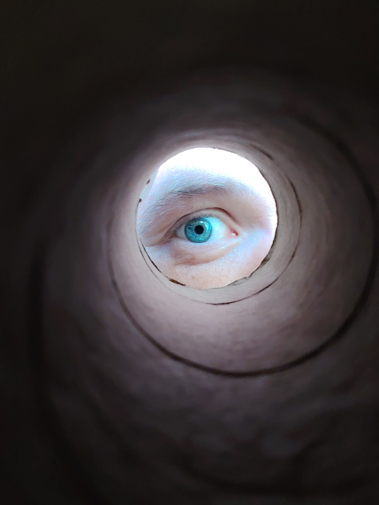 A person's eye, with a bright blue iris, is visible through a cardboard tube. The eye appears to be looking directly at the camera. The surroundings outside the tube are dark and out of focus. The scene does not provide any information about the location in Chaikovsky, Russia.