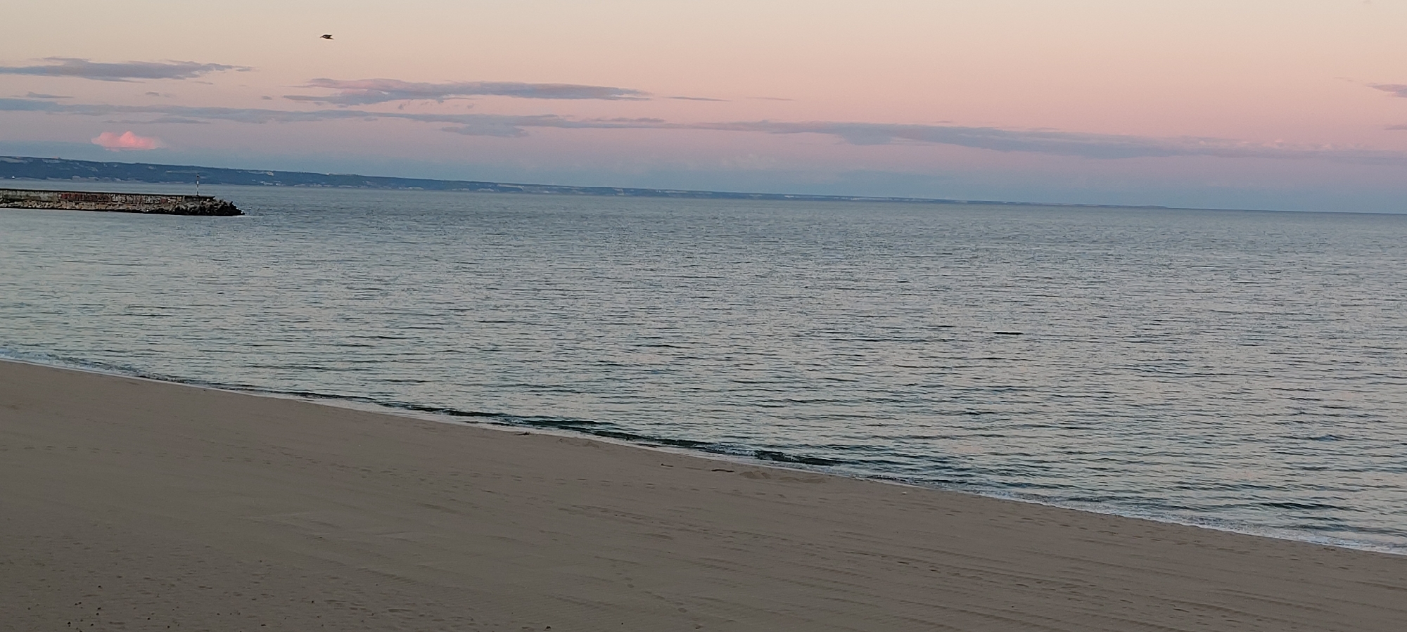 The image depicts a beach scene in Varna, Bulgaria. A sandy beach occupies the lower portion of the frame, transitioning into calm sea waters. In the background, a breakwater extends into the sea, marked by a small lighthouse. The sky displays a soft pink hue, indicating either sunrise or sunset, with some wispy clouds present. A single bird is visible in flight. The scene appears peaceful and undisturbed, with no people visible.