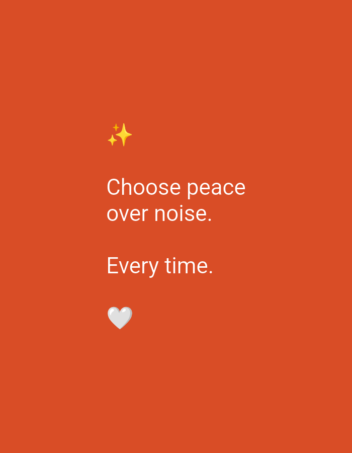 The image is a digital graphic with a solid orange background. In the upper center, two yellow stylized stars are visible. Below the stars, white text reads "Choose peace over noise." Below this, in the same white font, is the text "Every time." In the lower center of the image, a light gray heart emoji is displayed. The image does not depict any specific location in the city of Izmail, Ukraine, or any people, actions, or interactions.