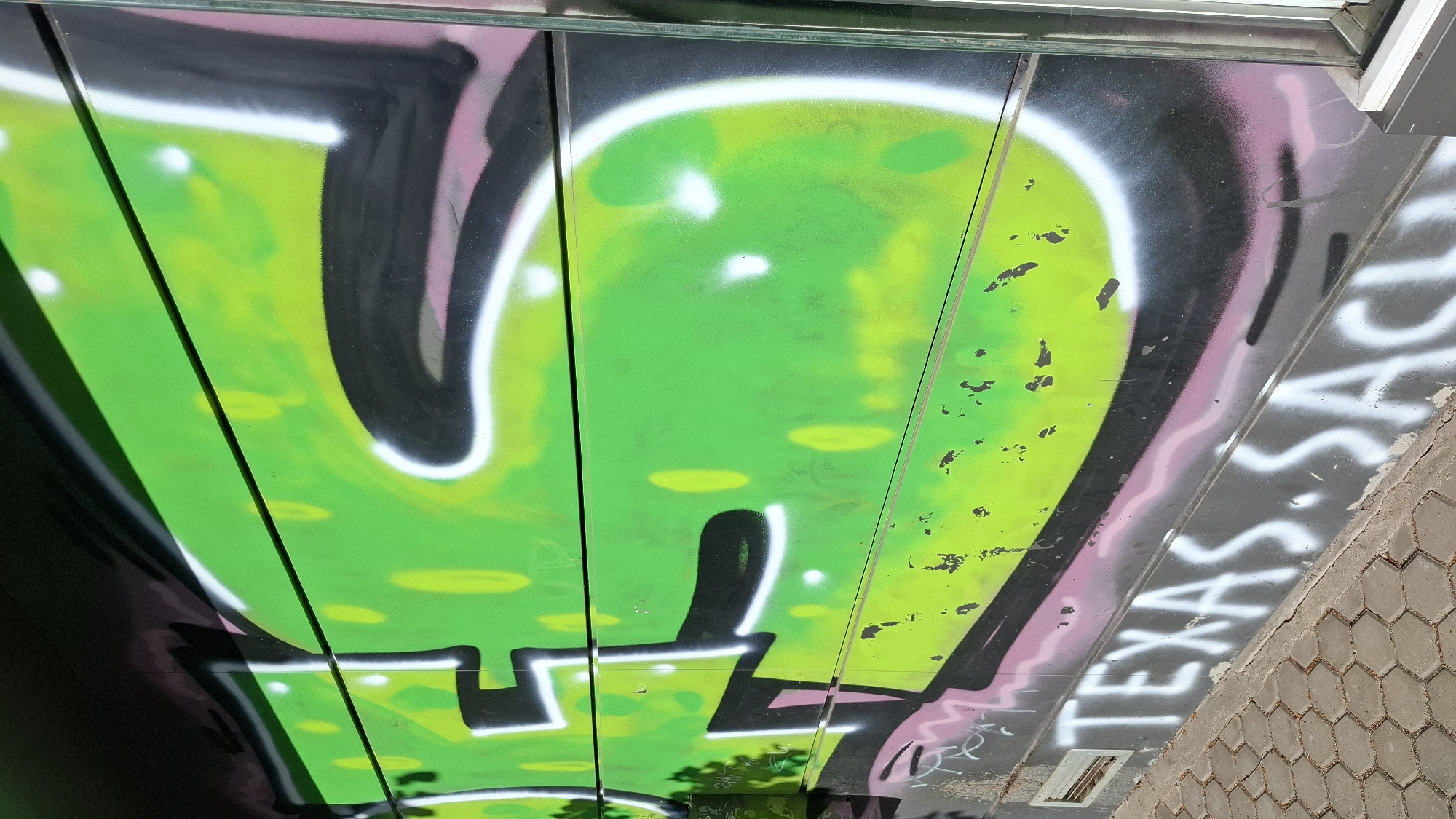 The image shows a section of a building facade covered in graffiti. The graffiti features large, stylized letters in bright green with black and white outlines, set against a darker background. Below the large graffiti, there is smaller text spray-painted in white that appears to read "TEXAS. SAC" followed by further unreadable letters. The building facade itself appears to be made of metal panels. The lower part of the image shows a sidewalk paved with hexagonal concrete blocks. The environment suggests an urban setting, likely in a public area. The specific location in the city of Sofia, Bulgaria, is not determinable from the image alone.