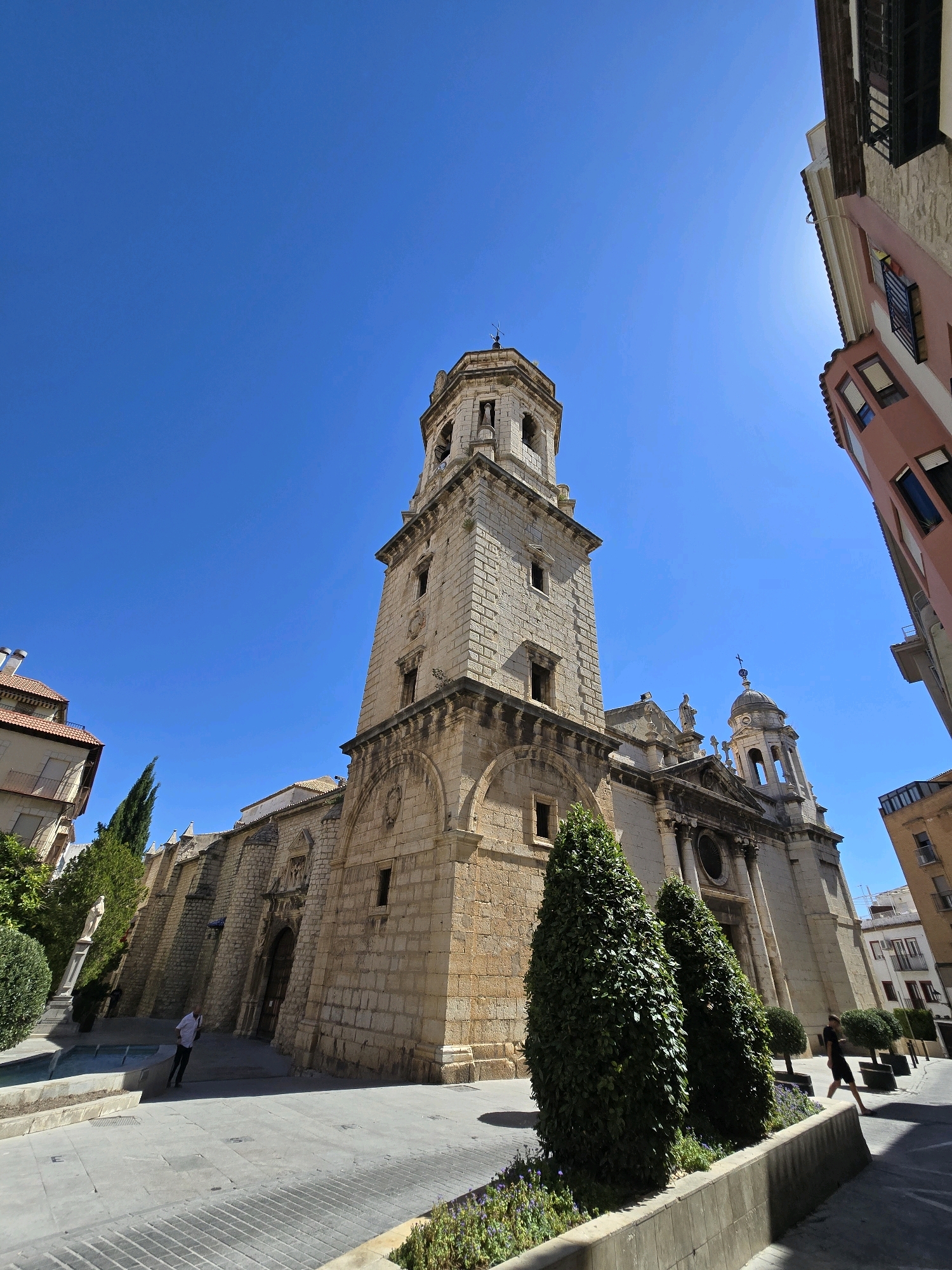 The image depicts the exterior of the Jaén Cathedral in Jaén, Spain, on a clear, sunny day. The cathedral's imposing stone facade and bell tower dominate the center of the frame, angled upwards towards a bright blue sky. The architectural style appears to be Renaissance, with classical elements visible in the columns and pediments.
To the left of the cathedral, a portion of another building with terracotta-tiled roofs is visible. To the right, the pink facade of a more modern building, also with balconies and windows, creates a stark contrast with the ancient cathedral.
In the foreground, a paved plaza is laid out with intricate brickwork patterns. A low, concrete planter box with dark green, conical shrubs and small purple flowers runs along the edge of the plaza. A shallow water feature or fountain is situated to the left of the cathedral entrance, with a single person in a white shirt and dark pants standing near it. Further to the right, another person in dark clothing walks away from the camera, casting a shadow on the plaza. The lighting suggests it is midday, with strong sunlight casting sharp shadows. The overall scene is one of urban architecture and public space under a vast, cloudless sky.