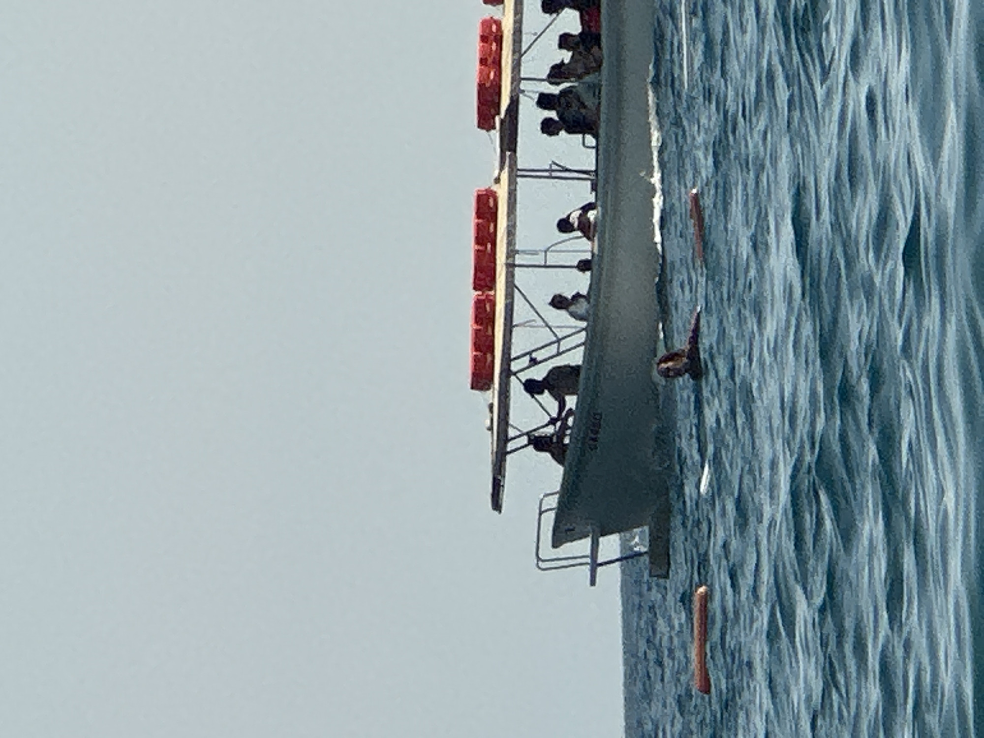 In the city of Boreti, Montenegro, on a clear day, a boat filled with people is seen sailing on the choppy blue sea. The boat, which appears to be a tour boat with a canopy, has at least two individuals at the helm and several passengers seated under the canopy. Bright orange life vests are strapped to the top of the canopy. In the water, a person is swimming, and a short distance away, a cylindrical orange object, possibly a buoy or fender, is floating. The scene suggests a leisurely day on the water, with recreational activities or transport taking place in the marine environment.