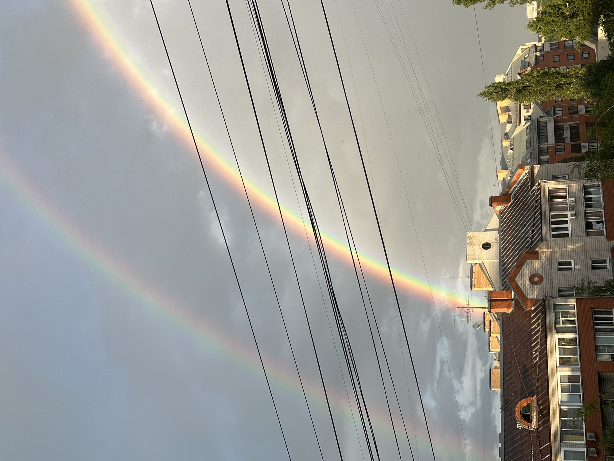 The image captures a panoramic view of urban rooftops under a dramatic sky adorned with a double rainbow. The foreground is dominated by the tops of residential buildings, featuring various architectural styles and materials. One building on the left displays a tiled, reddish-brown roof with a distinctive arched window. Adjacent to it, a lighter-colored building with brick accents has a prominent circular decorative element. Further buildings stretch across the middle ground, showcasing a mix of brick and plaster facades, pitched roofs with dormer windows, and balconies. Power lines crisscross the scene diagonally, adding a layer of urban infrastructure. The sky is overcast with heavy, gray clouds, which are dramatically contrasted by the vibrant arcs of the double rainbow, with the primary bow appearing brighter and more distinct than the fainter secondary bow. The scene is set in the city of Zhukovsky, Russia, as indicated by the contextual information. No people are visible in the frame.