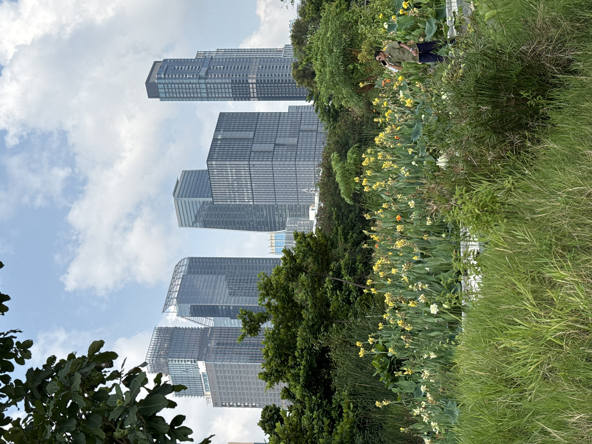 A person is on the phone standing near blooming flowers with tall grass in the foreground. Skyscrapers rise in the background, with blue skies and clouds visible above. The location is Bangkok, Thailand.