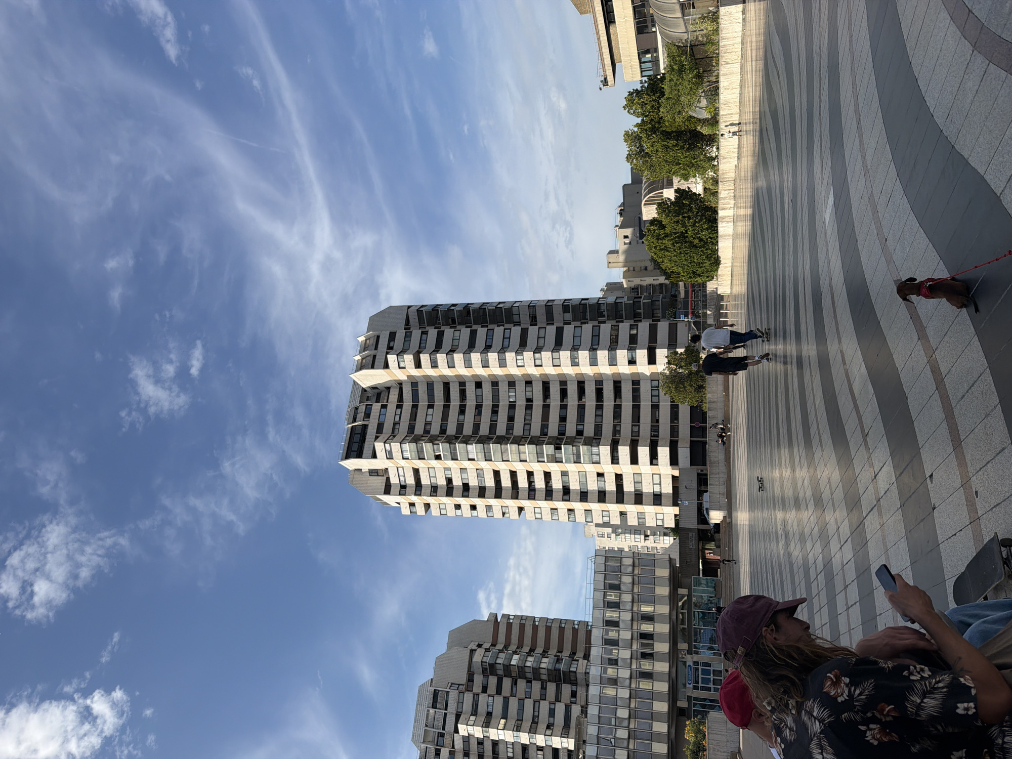 The image depicts an outdoor plaza in Créteil, France, characterized by a distinctive wave-patterned ground surface. In the foreground, a young man with long, wavy hair, wearing a floral print shirt and a maroon baseball cap, is seated and looking at his mobile phone. Next to him is a skateboard. Further into the plaza, two young men are seen skateboarding, one in a dark t-shirt and shorts, the other in a white t-shirt and dark shorts. A small dog on a leash, wearing a red harness, is positioned in the mid-ground, facing away from the camera. In the background, several modern, multi-story buildings are visible, including a prominent, tall building with many windows and a distinctive stepped top. The sky above is blue with scattered white clouds. The scene appears to be a public space on a clear day, with recreational activities taking place.