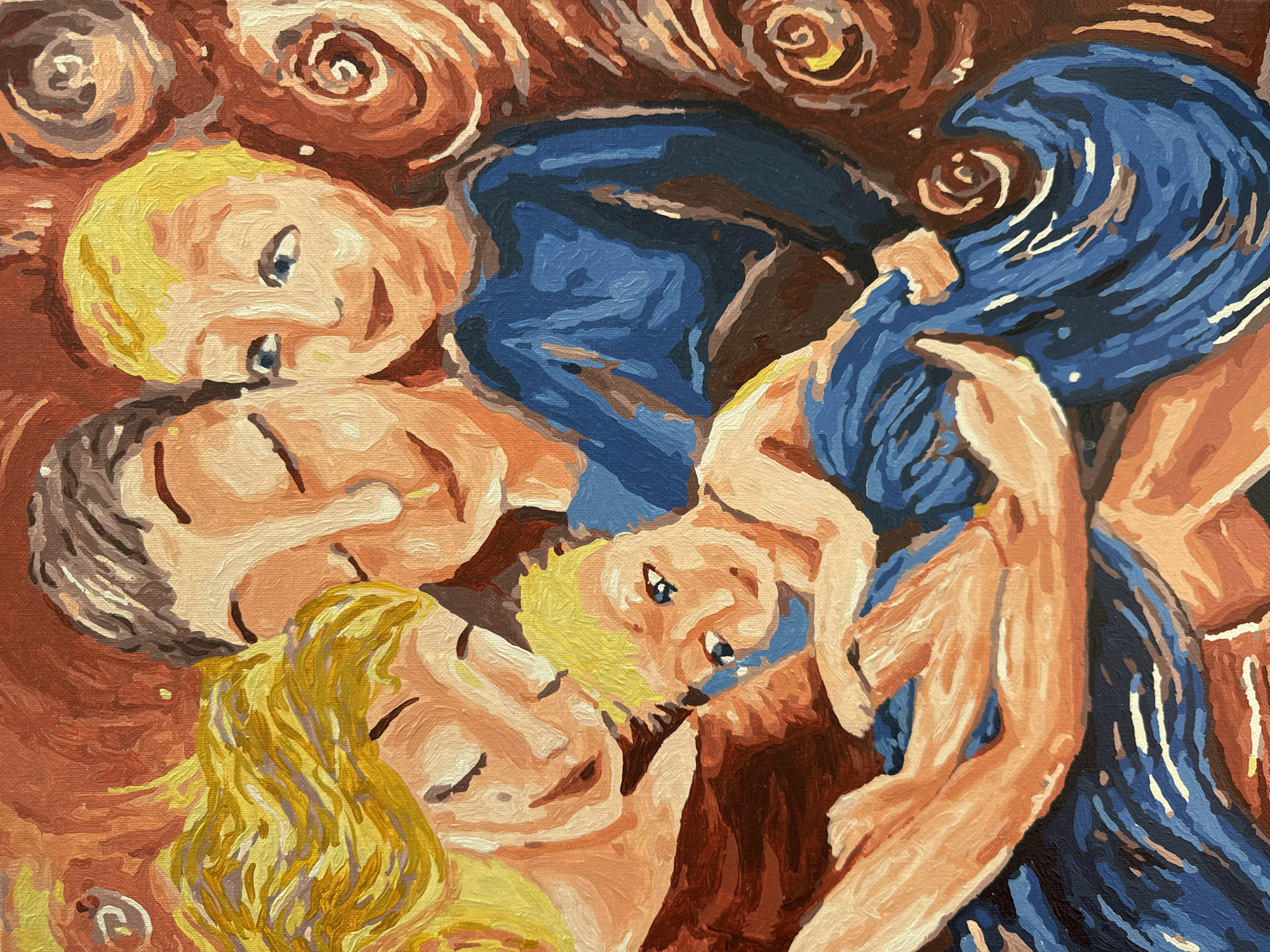This painting portrays a family group of four individuals closely intertwined. It features two adults and two children. One adult, with dark hair, appears to rest peacefully with closed eyes. Another adult, with blonde hair, and an older blonde-haired child are depicted smiling, engaging the viewer. An infant with blonde hair gazes upwards. They are nestled against an abstract background with swirling earthy tones of brown, orange, and red, interspersed with swirling blue elements, possibly fabric.
The painting exhibits visible brushstrokes and distinct blocks of color, characteristic of a stylized or paint-by-numbers approach. The scene exudes warmth, love, comfort, and strong familial bonding, suggesting an intimate, cozy moment. No specific location cues are visible within the image; however, the provided context indicates Votkinsk, Russia. There is no visible text.