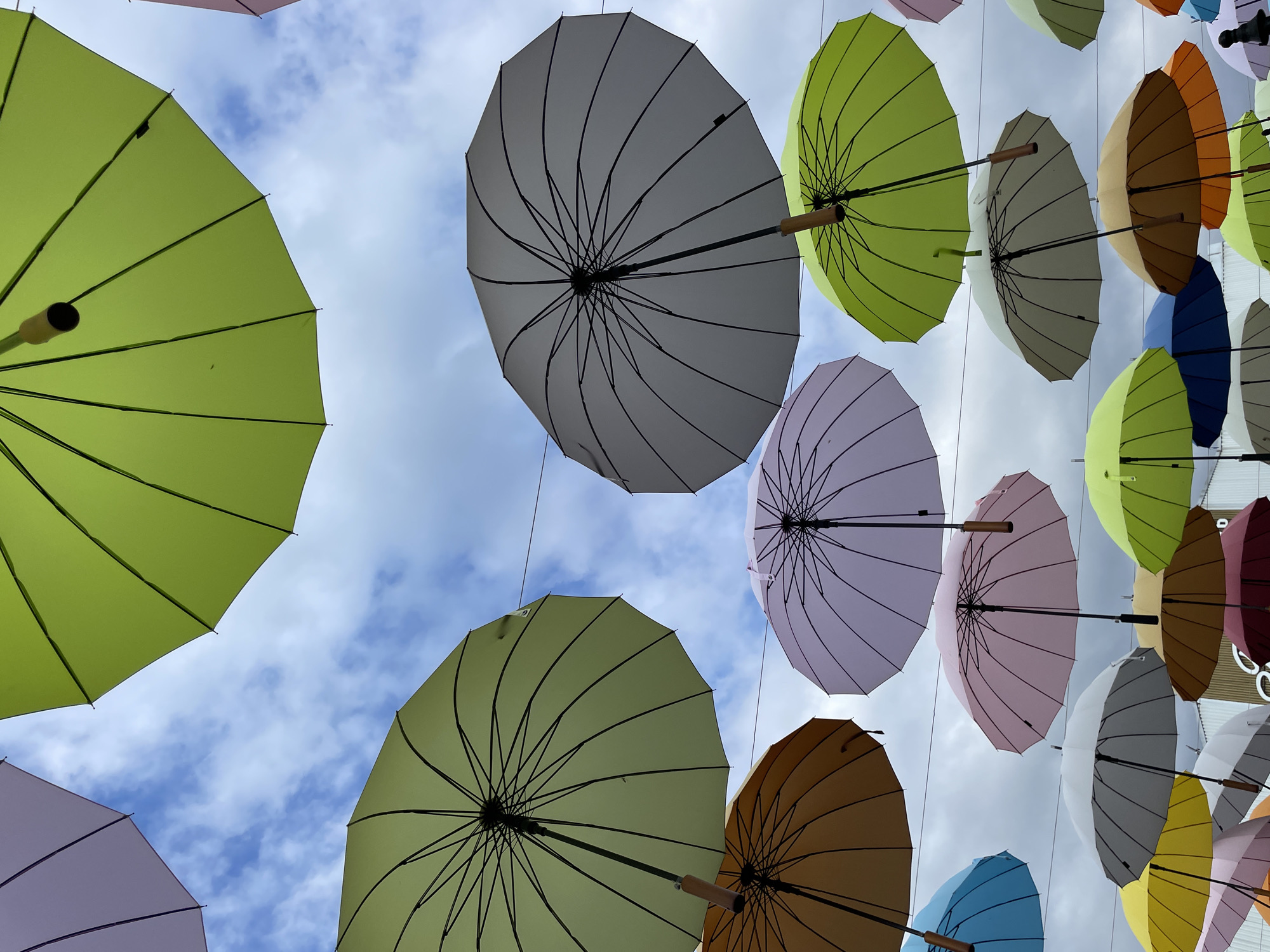 This media file shows an outdoor art installation of numerous colorful umbrellas suspended in the air. The umbrellas are displayed at various angles, creating a visually dynamic and whimsical scene. They come in a range of colors including lime green, gray, light purple, brown, and blue. The view is from below, looking up at the umbrellas against a sky with scattered white clouds. The lighting suggests it is daytime. The scene is open and appears to be a public space, possibly a street or plaza, designed to be visually engaging. The arrangement of umbrellas evokes a sense of playfulness and wonder. There is no visible text in the image. The location context is Sochi, Russia.