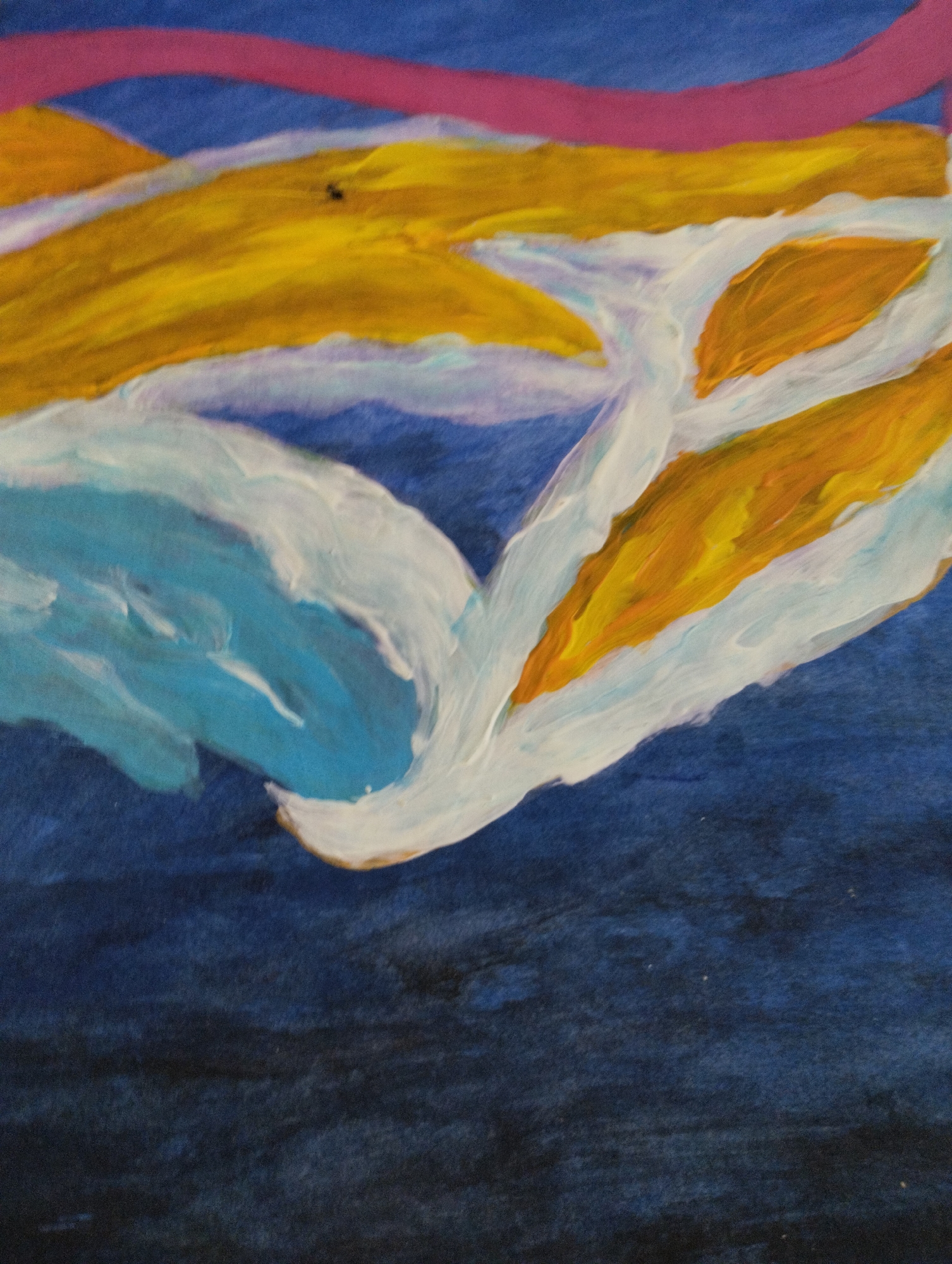 This is an abstract painting with bold brushstrokes and vibrant colors. The top section features a horizontal pink band against a deep blue background. Below this, a large, curving shape dominates the image, rendered in shades of yellow, orange, and white. This shape appears to be composed of layered, flowing forms. The lower portion of the painting transitions into a dark blue, textured area, possibly representing water or a darker expanse. The style is impressionistic, with a focus on texture and light rather than precise representation. There are no discernible figures, objects, or a specific location in the city of Mezitli, Turkey, visible in this abstract artwork.