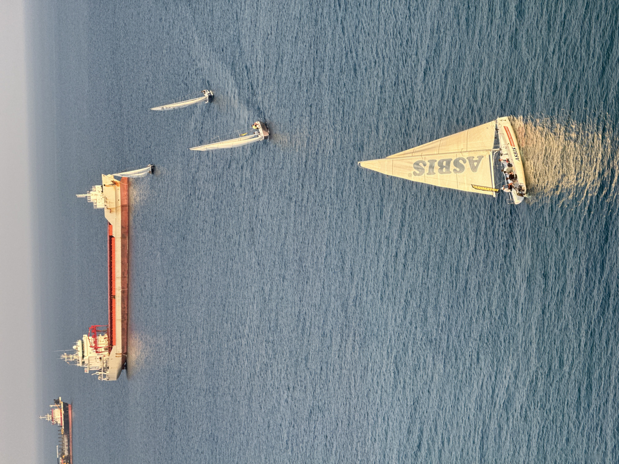 An aerial, high-angle shot captures a fleet of sailboats and cargo ships on the calm, blue waters of Limassol, Cyprus. In the foreground, a white sailboat with a tan sail, emblazoned with "ASBIS" in large grey letters, is positioned to the right, with a reflection shimmering on the water. The boat has a crew of at least five individuals visible on deck and the number "2" is visible on its hull. Further back, to the left and slightly above, a similar sailboat with white sails and a blue hull is seen, with at least two people on board. Another sailboat, also with white sails and a blue hull, is positioned to the right and above the previous one, with two individuals visible. In the background, a large, white cargo ship with a red hull is sailing, and to its left, a second cargo ship, longer and darker with a red superstructure, is also visible. The horizon is hazy, suggesting the sea meets a clear sky. The overall scene depicts a maritime activity, likely a regatta or a convoy, under favorable weather conditions.