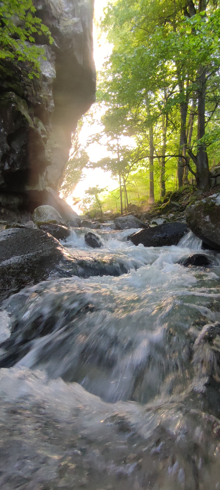 The image shows a rocky stream in a forest, with sunlight filtering through the trees and illuminating the water. The location is likely near Kostenets, Bulgaria, as indicated in the prompt. The stream flows over and around rocks, creating a dynamic, white-water effect. A large rock formation rises on the left side of the frame, partially obscuring the sunlight. Trees are visible on the right side, with green foliage suggesting a summer or spring season. The focus is on the water's movement and the interplay of light and shadow on the rocks and vegetation.