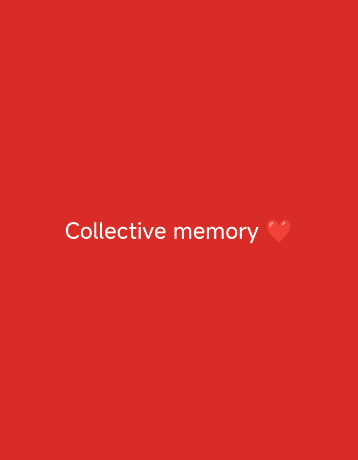 A bright red background fills the image. In the center, white text reads "Collective memory" followed by a small red heart emoji.