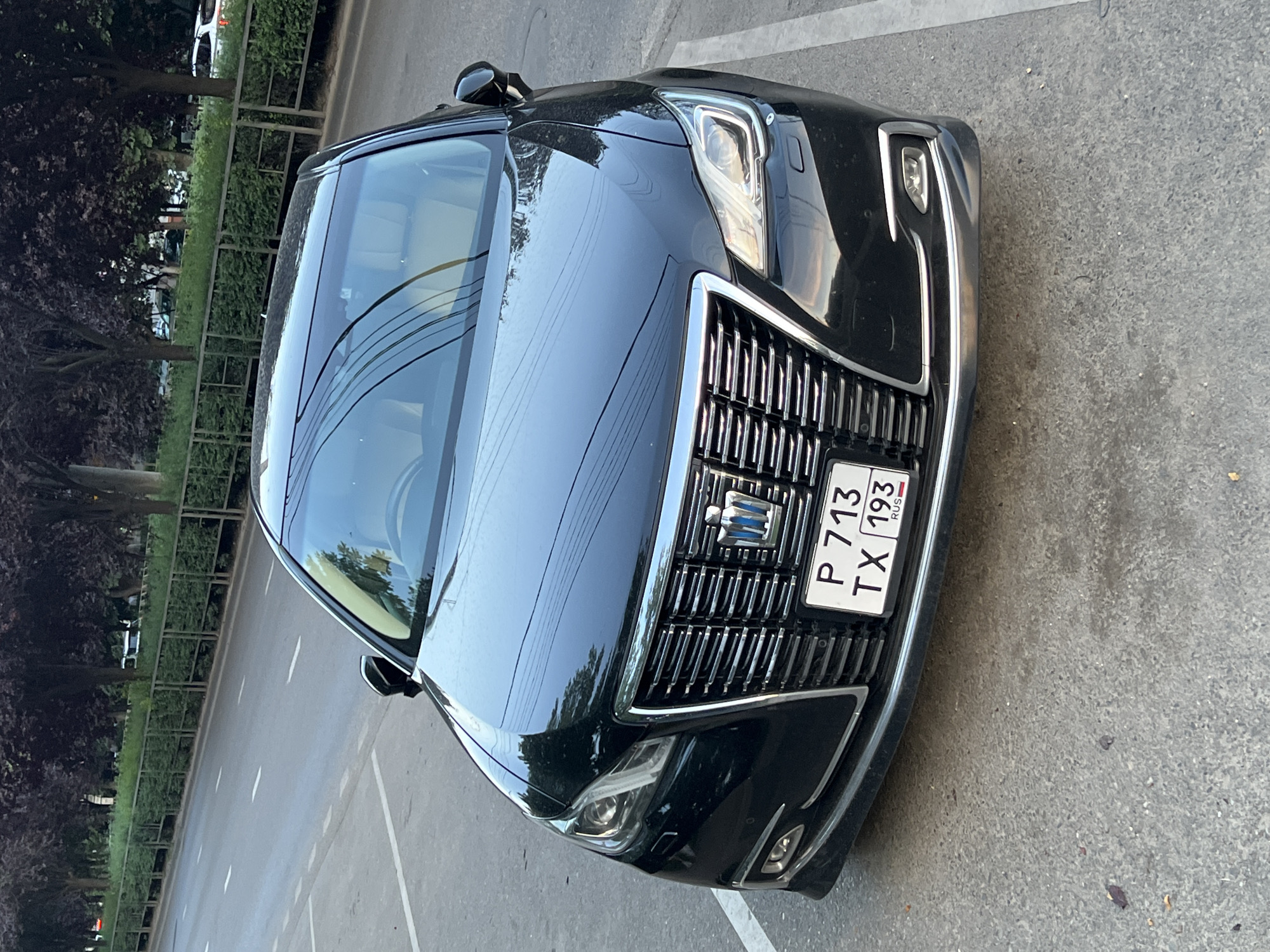 A black Toyota sedan is parked on an asphalt surface in what appears to be a city street. The car's front end is prominently featured, with a detailed grille and headlights. A license plate, bearing the alphanumeric code "P 713 TX 193" and the word "RUS", is clearly visible on the front of the vehicle. The car is positioned in a parking spot marked by white lines on the pavement. In the background, a paved road runs parallel to a grassy area bordered by a metal fence and trees with dark foliage. The scene is consistent with a street view in Krasnodar, Russia, given the license plate format. There are no people visible in the image. The overall lighting suggests it is daytime.