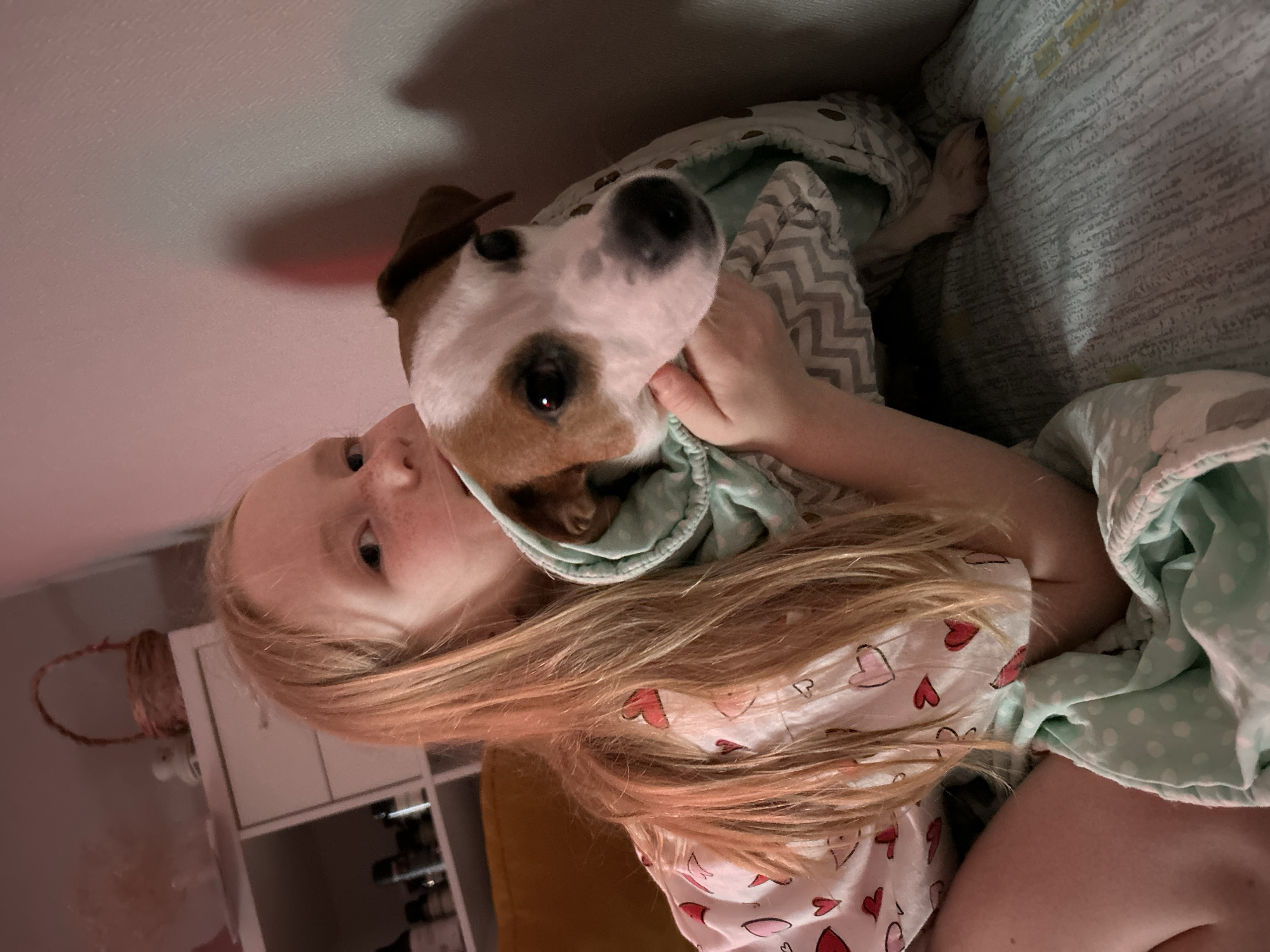 A young girl with blonde hair and freckles is depicted indoors, likely in a cozy bedroom setting, possibly lying on a bed. She is seen cuddling a white and brown dog, resembling a Jack Russell Terrier, which is wearing a light mint green hooded top with a white zigzag pattern. The girl is wearing a white pajama top adorned with red heart patterns, and her arm is gently wrapped around the dog. The dog's head is positioned close to her face, looking slightly upwards.
The scene is softly lit, suggesting evening or nighttime, with a warm, reddish glow visible on the left side of the frame, hinting at ambient lighting. In the background, a light-colored wall, a wicker basket, and a white storage unit or shelves are visible. Bedding with grey zigzag patterns and light green polka dots adds to the homey atmosphere. The overall mood conveyed is one of comfort and affection between the girl and her pet. No discernible text is visible within the image.