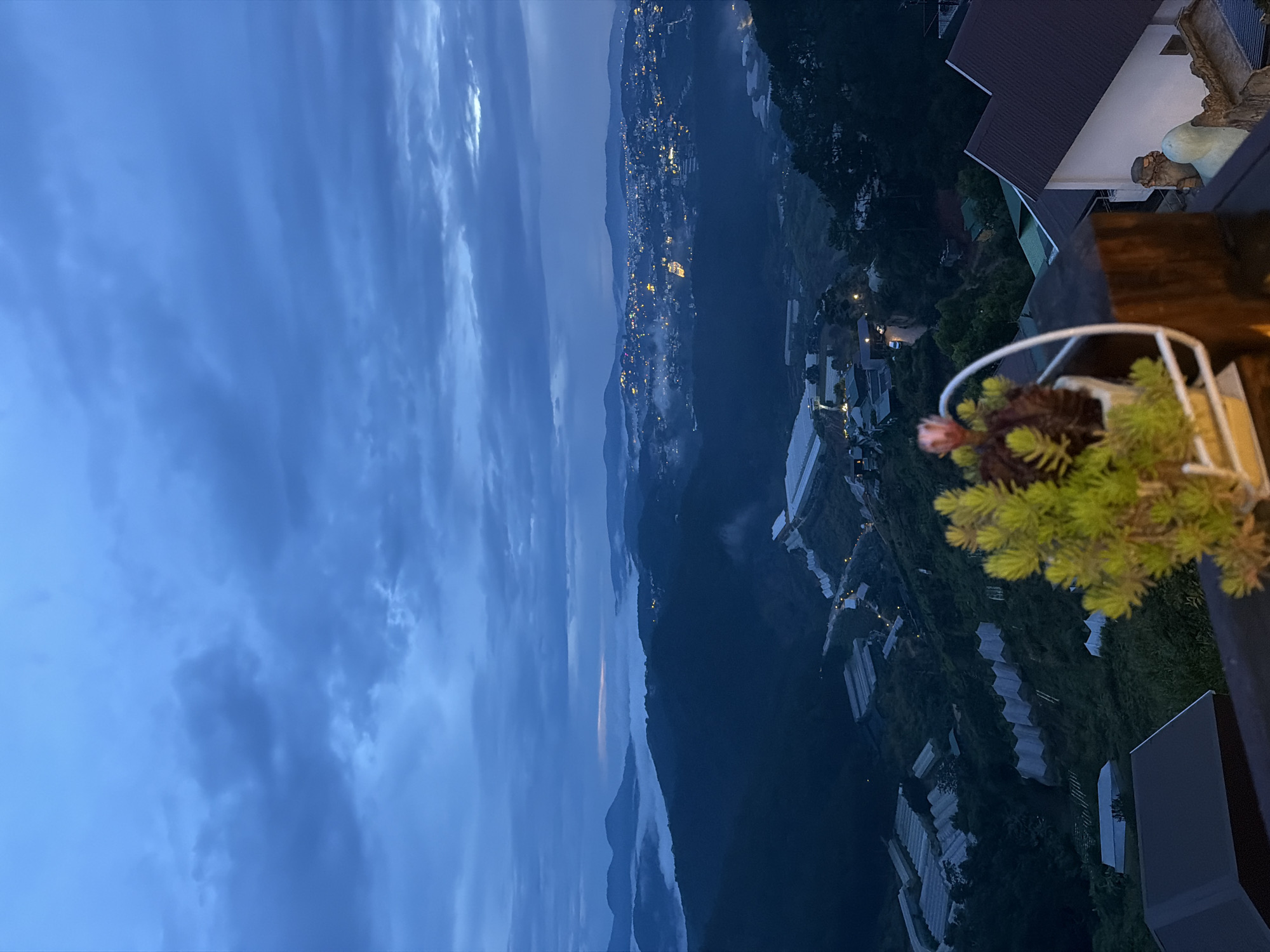 The image depicts a panoramic view of Da Lat, Vietnam, at dusk. In the foreground, a potted succulent plant with a single pink flower is positioned on a wooden surface, with part of a building visible to its right. The background features rolling hills covered in lush greenery, interspersed with numerous greenhouses. Further in the distance, the city of Da Lat unfolds, illuminated by countless lights, creating a warm glow against the darkening sky. A layer of mist hovers over the valleys, adding a mystical quality to the scene. The sky above is overcast with heavy, dark blue clouds. The overall impression is one of a serene and tranquil evening overlooking a vibrant, yet peaceful, city nestled within a mountainous landscape.