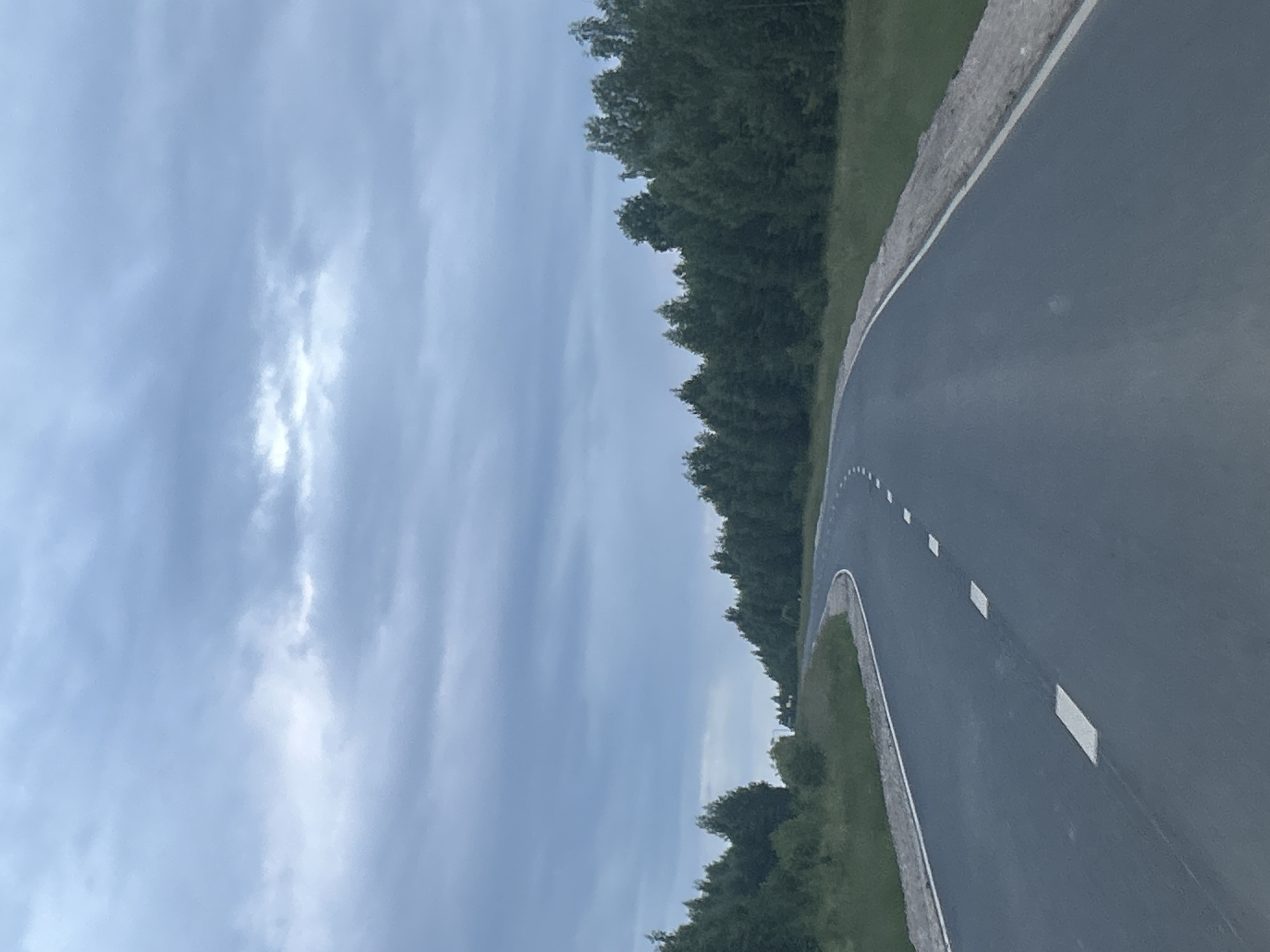 A two-lane asphalt road curves to the right in the foreground, bordered by a gravel shoulder and green grass. White dashed lines mark the lanes. The road is flanked by dense evergreen trees on both sides, creating a tunnel-like effect. The sky is overcast with dark gray clouds, suggesting a gloomy or rainy day. There are no people or vehicles visible in the image. The scene appears to be a rural or undeveloped area, possibly on the outskirts of Новая Казмаска, Russia, given the prevalence of trees and the road's condition.