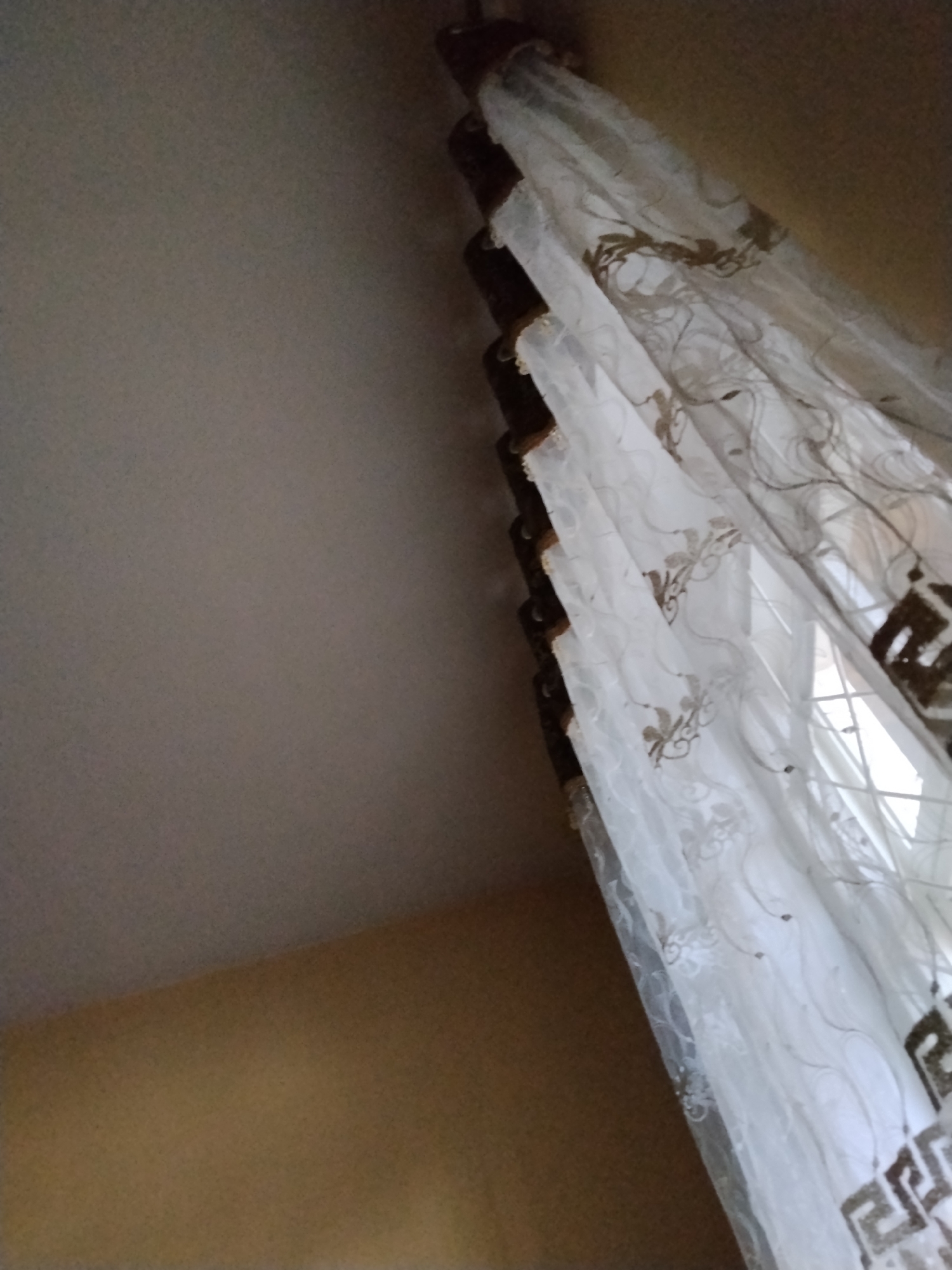 The image shows a close-up of sheer white curtains with an embroidered pattern of brown swirls and flowers. The curtains are hanging from a dark curtain rod, and they are partially covering a window with white mullions. The background consists of a textured wall, with the upper portion appearing to be a lighter shade of beige or cream, and the lower portion a darker, more yellowish-beige. The lighting suggests it is daytime, with natural light coming through the window. The scene is likely an indoor setting, possibly a room in a house or apartment. The image does not provide any specific details that would indicate its location within Hojaabad, Uzbekistan.