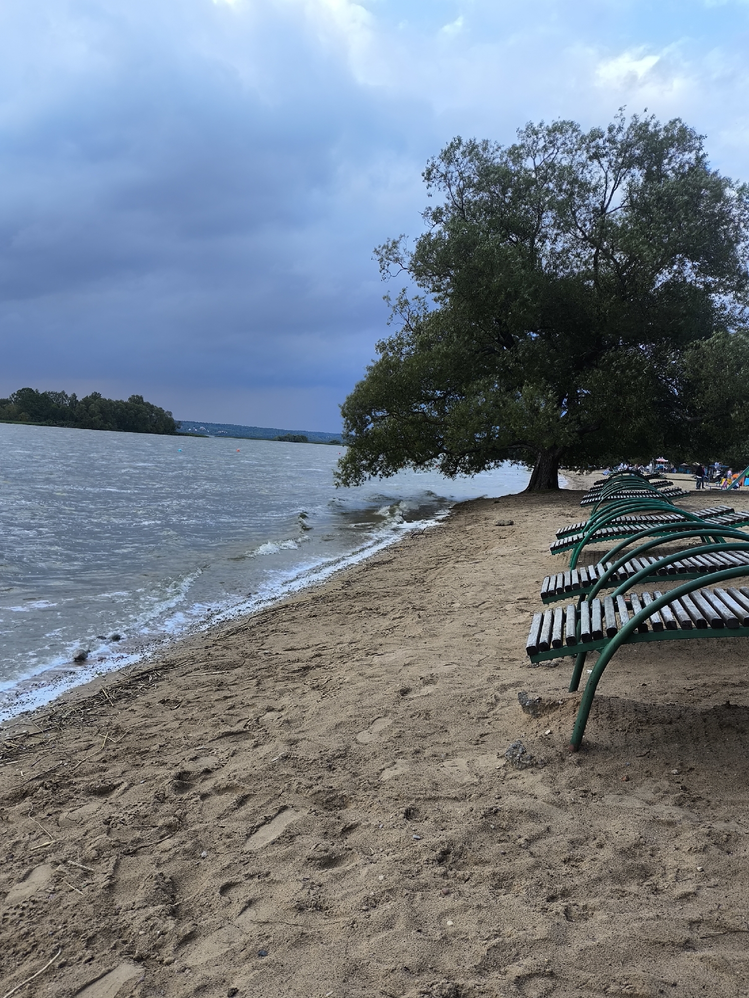The image depicts a beach scene on a cloudy day at the lake in Zhdanovichi, Belarus. A row of empty, green-framed lounge chairs with wooden slats lines the sandy shore. The water is choppy with whitecaps, and waves lap at the edge of the sand. A large, mature tree with dense green foliage stands prominently on the right side of the frame, its branches extending towards the water. In the distance, across the lake, a treeline is visible, with a few buildings appearing on the horizon. The sky is overcast with heavy, dark clouds, suggesting an impending storm. Some scattered debris, including dry reeds and small stones, is present on the sand. A few blurry figures and colorful objects, possibly beach accessories, can be seen further down the beach in the distance, near the tree. The ground shows several footprints in the sand.