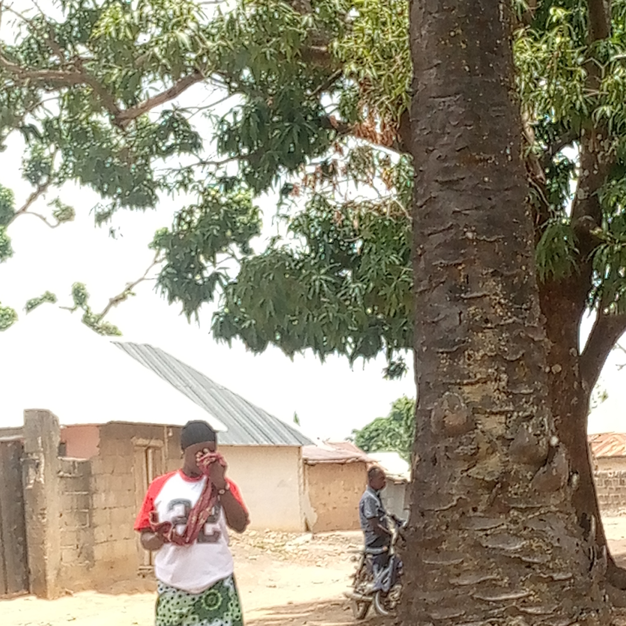 The scene depicts an outdoor setting in an urban area of Unknown, Unknown. In the foreground, a woman stands to the left, wearing a white t-shirt with red sleeves and a green patterned skirt. She holds a red cloth to her face. Behind her and to the right, a man sits on a parked motorcycle. The background includes residential buildings constructed of brick and mud. Overhead, a large tree with broad leaves dominates the top of the frame. A large tree trunk occupies the right side of the frame. The ground appears to be dusty.