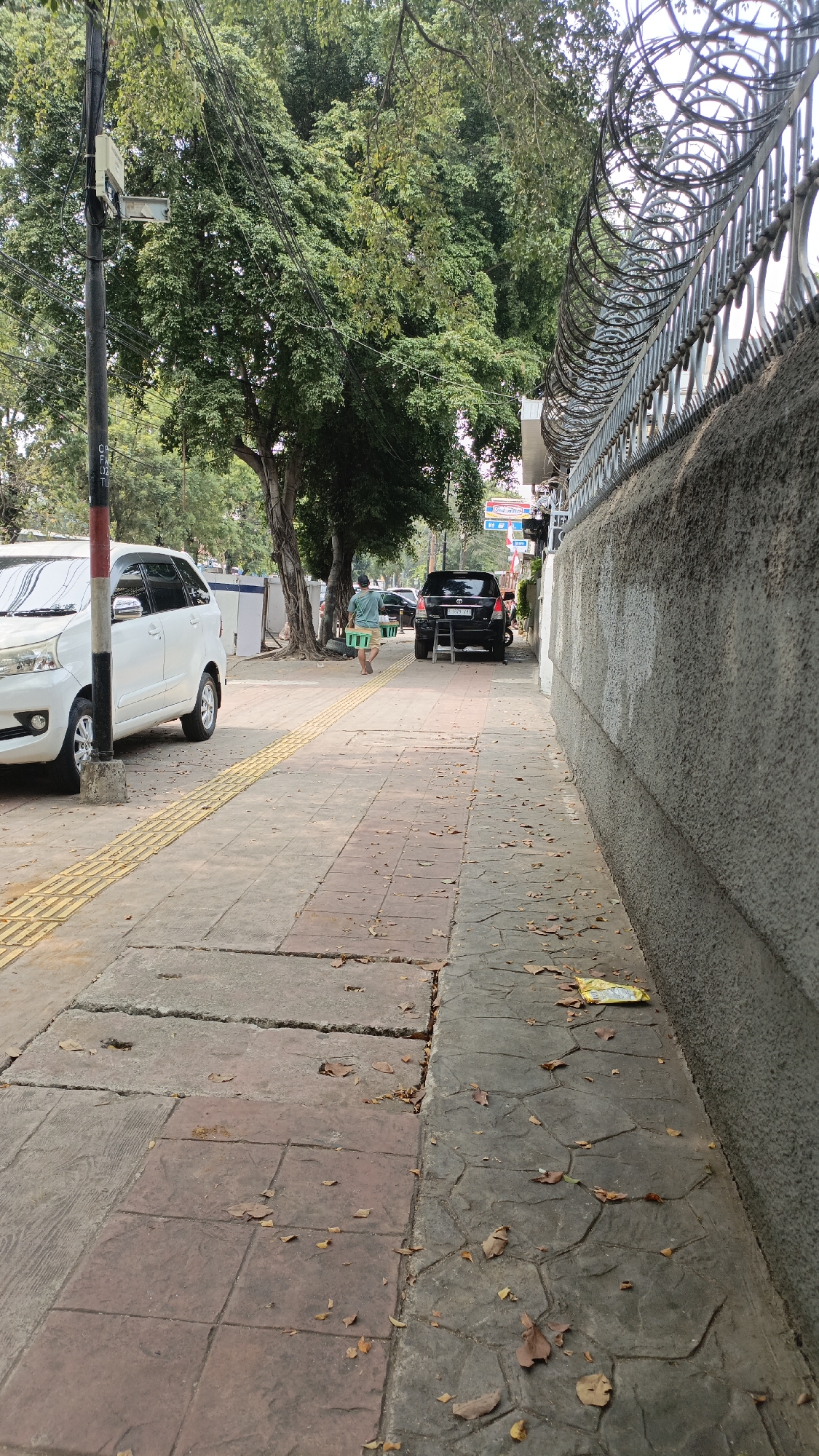 A man walks along a sidewalk in Central Jakarta, Indonesia, carrying two green baskets. He is wearing a light blue t-shirt and dark shorts. He is walking away from the camera, towards a black SUV parked on the street. A white minivan is parked on the left side of the sidewalk, near a utility pole. The sidewalk is made of interlocking concrete pavers, some of which are cracked. There are fallen leaves on the sidewalk and the street. A grey concrete wall with a barbed wire fence runs along the right side of the sidewalk. Trees line the street on the left side of the image, providing shade. The sky is visible through the leaves, suggesting it is daytime.