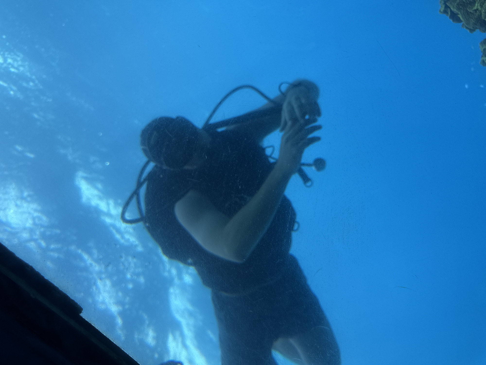 An underwater shot shows a scuba diver swimming in the clear blue waters of Eilat, Israel. The diver is wearing a black wetsuit and a mask, and is equipped with a scuba tank and regulator. Sunlight filters through the water, creating a dappled effect on the diver and the seabed below. The diver appears to be exploring the coral reefs that are characteristic of the Red Sea in Eilat. The scene is peaceful and serene, with the diver appearing to be completely immersed in the underwater world.