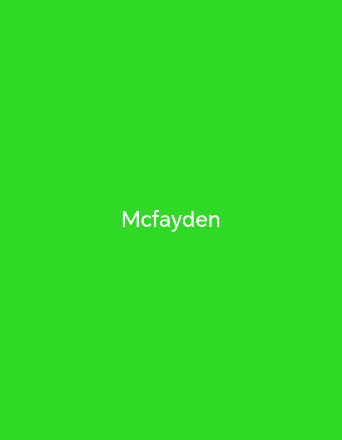 A bright green square fills the image. Centered within the green field is the white text "Mcfayden". The text is easily visible due to its color contrast with the bright green background. The overall image is simple, with a single word as the primary subject.