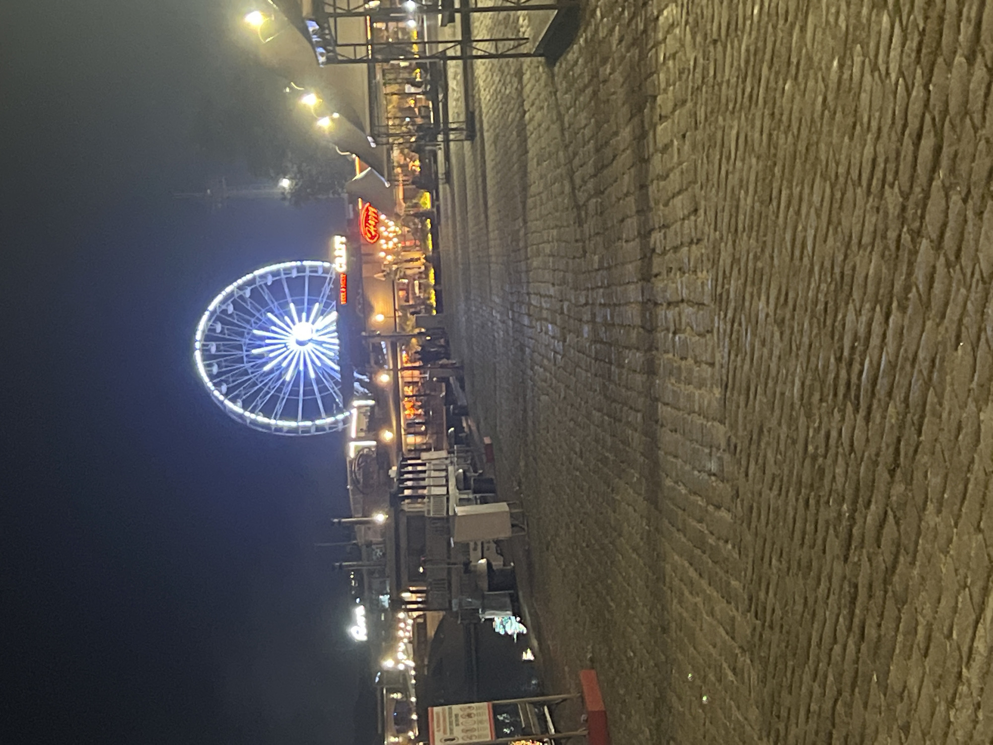 The image captures a vibrant night scene, likely a promenade or entertainment area, dominated by a large, brightly lit Ferris wheel on the left side, glowing predominantly in blue and white. To the right of the Ferris wheel, a row of illuminated buildings or stalls stretches into the distance, suggesting restaurants, shops, or amusement attractions. Many of these structures have warm yellow and orange lights, contrasting with the blue of the Ferris wheel.
In the foreground and extending along the right side of the image is a wide, textured cobblestone pathway or plaza. The path shows some reflections from the nearby lights. Streetlights with bright, warm glows are scattered throughout the scene, adding to the overall illumination.
The time of day is clearly night, as indicated by the dark sky and the reliance on artificial lighting from the Ferris wheel, buildings, and streetlights. The atmosphere appears lively and recreational, with a few indistinct figures visible near the buildings and on the paved area, suggesting people enjoying an evening out.
Visible text includes a prominent red sign that reads "Happy", with additional letters suggesting "BAR & GRILL" or similar below it, though only "Happy" is clearly legible. Below "Happy," another sign appears to have text like "RED CLUB" in white letters on a dark background. Further down on the right, a white sign with a red border and various unreadable symbols or text is partially visible.