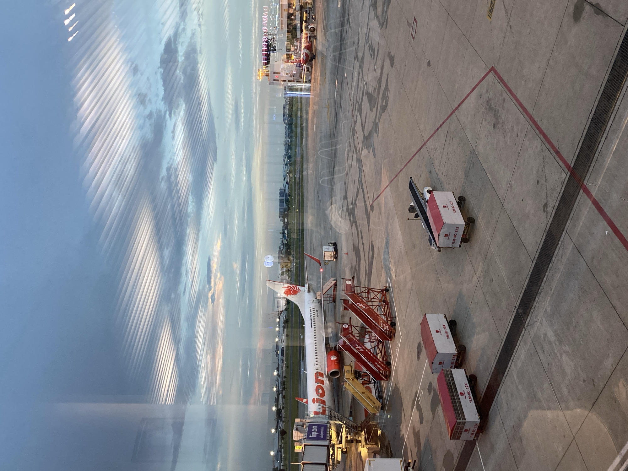 The image shows an aerial view of a Lion Air Boeing 737-800 aircraft parked at an airport gate. The aircraft, registered as HS-LGR, is connected to the terminal via two sets of boarding stairs. There are several cargo carts and other ground service equipment positioned around the plane. A "Trip.com" advertisement is affixed to the support structure of the gangway. The surrounding airport apron shows concrete paving with painted lines. Reflections of the sky and possibly an interior view of the airport terminal are visible on the window through which the photo was taken. Based on the presence of Lion Air, it is likely that this is Don Mueang International Airport (DMK) in Bangkok, Thailand.