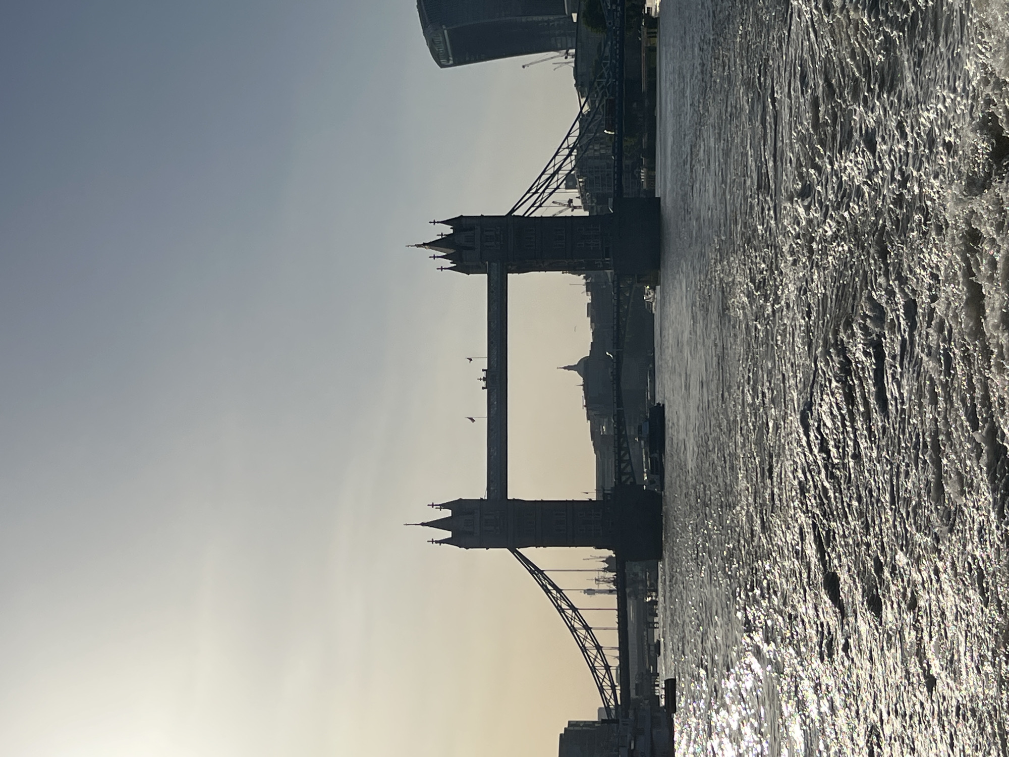 The image shows the Tower Bridge in London, United Kingdom. The bridge is silhouetted against a light sky, with the River Thames in the foreground. The river's surface is choppy and reflects sunlight. In the background, buildings can be seen. Several birds are flying near the bridge.