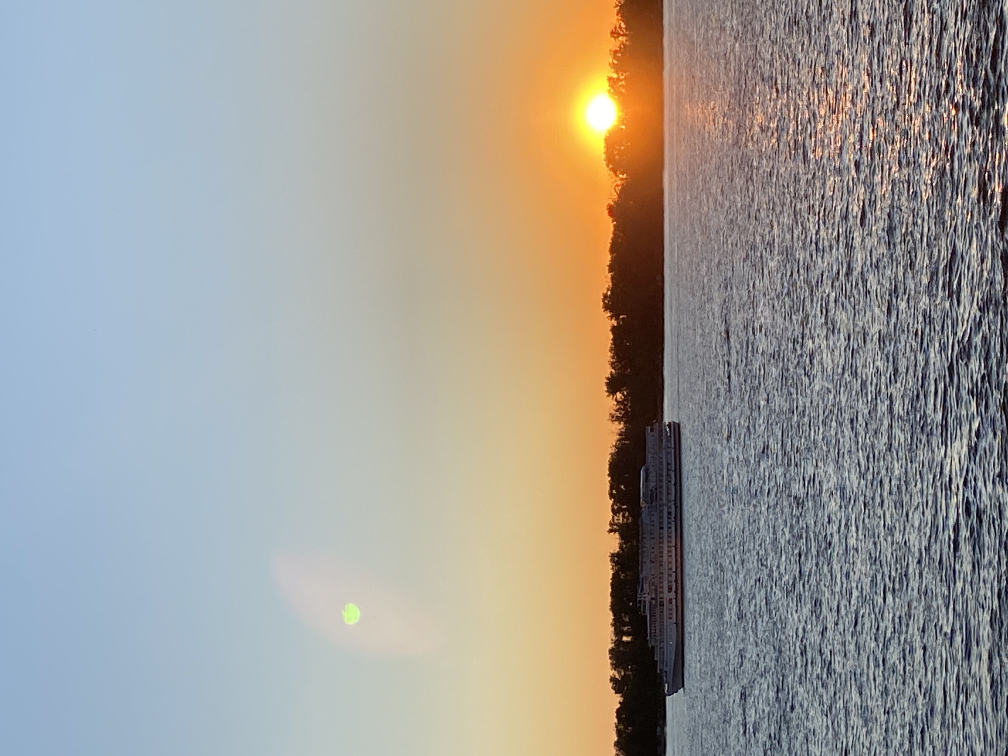 An image shows a wide river with a cruise ship sailing on it. The sun is setting behind a tree line on the horizon, casting a warm orange glow across the sky and water. The sky is a gradient of blue to orange. A blurry green light is visible in the upper left quadrant of the sky. The water is choppy with ripples and reflections of the sunset. The cruise ship is white with multiple decks and appears to be a passenger vessel. The tree line is dense and dark against the bright sky.