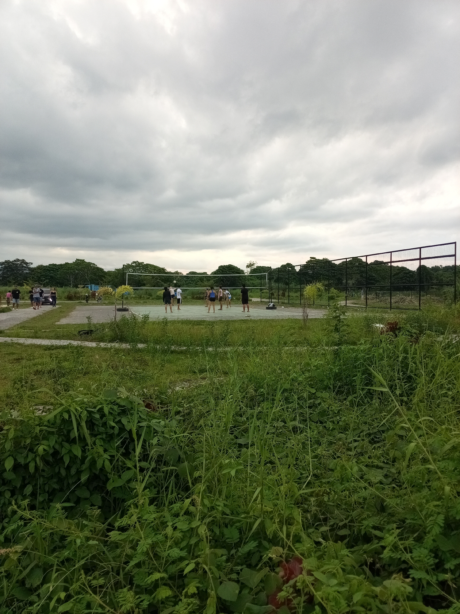 The image shows a group of people playing volleyball on an outdoor court in Davao City, Philippines. The volleyball court is located in a grassy area with overgrown vegetation in the foreground. A chain-link fence surrounds the court. Several people are playing volleyball; others are standing near the court. The sky is overcast with gray clouds. A walking path is visible on the left side of the court, where several people are walking. Trees are visible in the background.