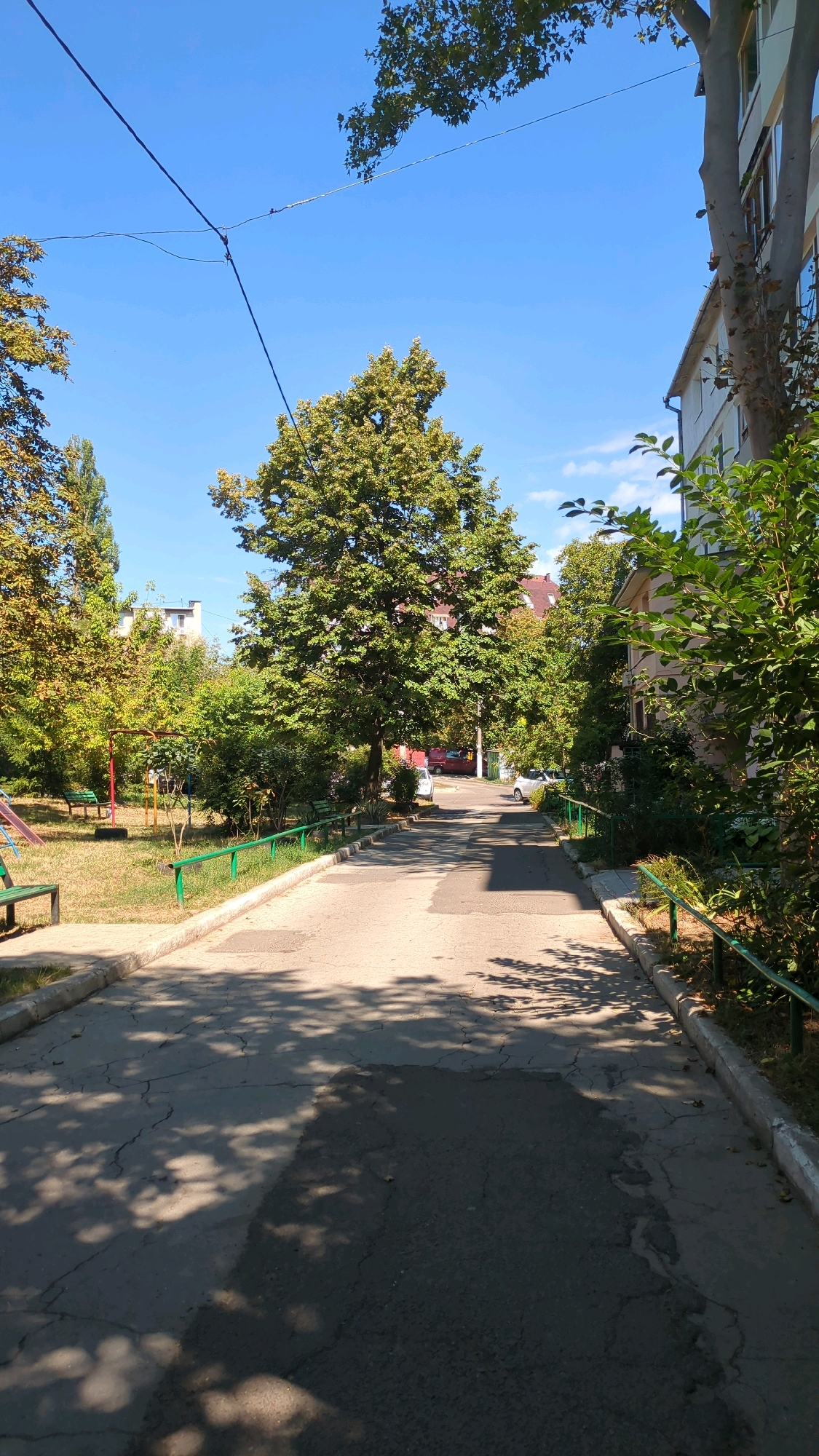 The image depicts a residential courtyard in Chișinău, Moldova, on a clear, sunny day. The scene is dominated by a paved walkway leading towards a multi-story building. Lush green trees and bushes line both sides of the walkway, casting dappled shadows on the asphalt. To the left of the walkway, a small playground with benches and equipment is visible. The building on the right appears to be an apartment block, with windows and balconies. A few cars are parked in the distance, suggesting this is a typical urban residential area. The sky is a vibrant blue, with a few wispy clouds. The overall impression is one of a peaceful, sun-drenched afternoon in a well-established neighborhood.