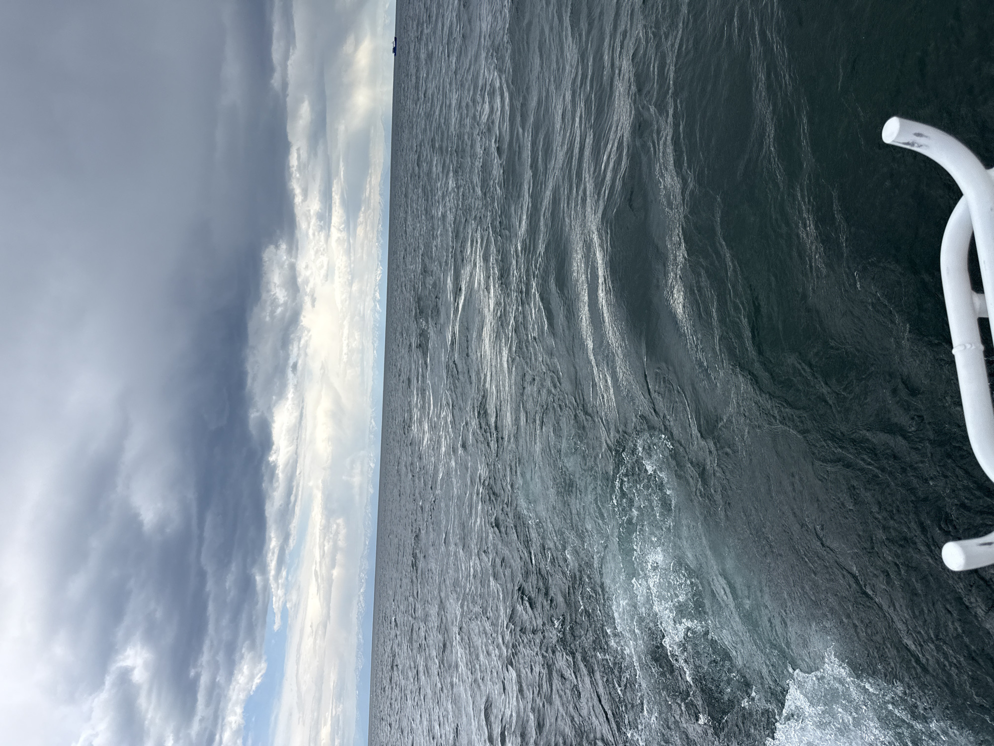 The image depicts a view of the water and sky, likely from a boat or ship, on Lake Baikal, Russia. The water is dark and choppy with waves visible near the edge of the frame. To the left of the image is a sky filled with dark, heavy clouds, with patches of lighter clouds. Part of the white railing of the boat can be seen on the right.