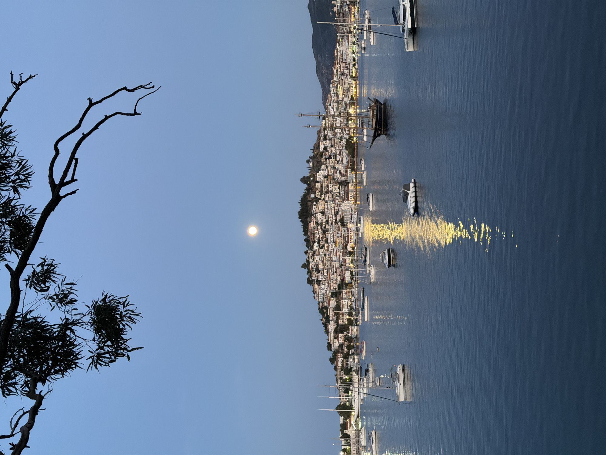 The image depicts a coastal scene in Poros, Greece, likely captured during twilight or early evening. The sky is a gradient of blue, indicating the time of day. A full moon is visible in the center-left sky.
A silhouetted tree branch with leaves occupies the lower-left foreground. The main focus is the town of Poros, which is built on a hillside along the harbor. The houses are predominantly white with lights visible. A body of water, possibly the Aegean Sea, fills most of the right half of the image, with numerous boats and yachts docked or anchored. Reflections of lights are visible in the water. The mountainside in the background is blurred.