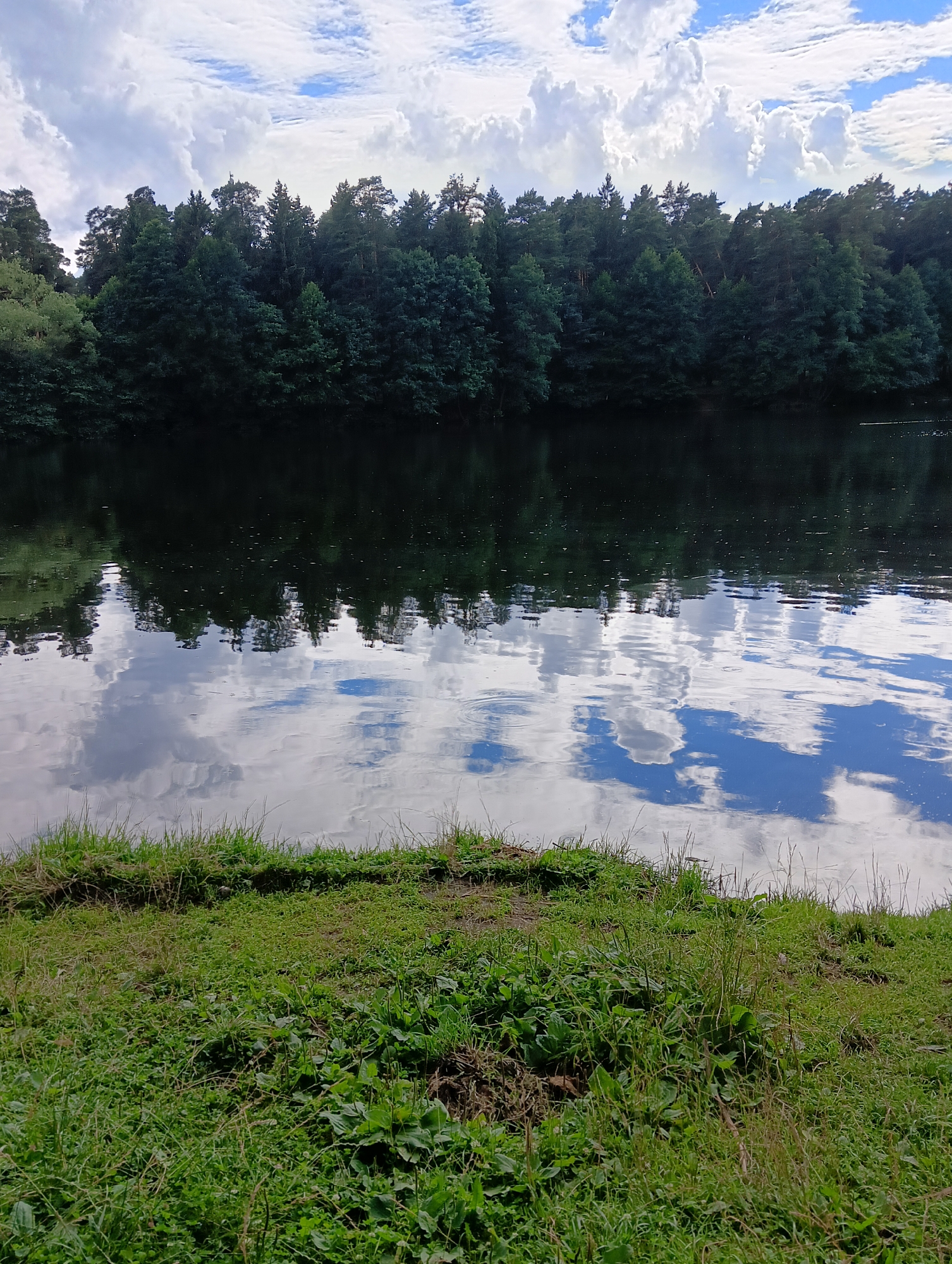 The image depicts a serene natural scene at a lake in Kratovo, Russia. The foreground is dominated by lush green grass, with patches of soil visible. Beyond the grassy bank, a dark, still lake reflects the surrounding environment and the sky. The water's surface is calm, with subtle ripples indicating a gentle breeze. In the middle ground, a dense forest of evergreen trees lines the far bank of the lake, their dark foliage creating a stark contrast with the lighter elements of the scene. The sky above is a mix of blue and white, with large, fluffy clouds. The reflection in the water beautifully mirrors the trees and the sky, creating a sense of symmetry and depth. There are no people or animals visible in the image. The overall impression is one of tranquility and natural beauty.