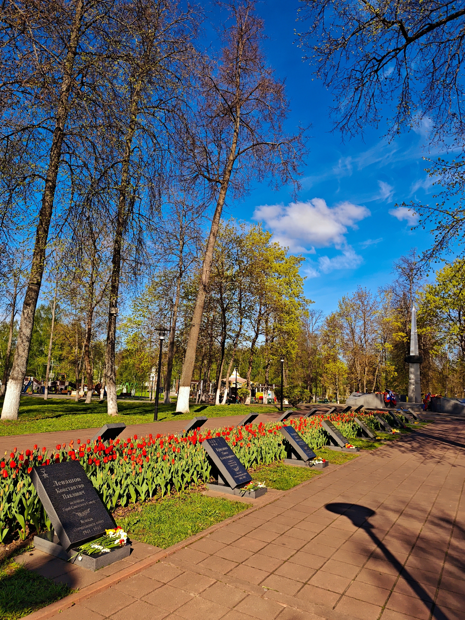 The image depicts a memorial site in Uglich, Russia, with a paved pathway leading towards a monument. Along the path are rows of tulips in full bloom, interspersed with dark, slate-like memorial plaques. Each plaque appears to bear inscriptions in a Cyrillic script and some are adorned with small bouquets of flowers. The background features a park-like setting with various trees, some still bare of leaves and others showing spring foliage. A few lampposts are visible, and their shadows stretch across the path. In the distance, a playground is visible. The sky is blue with scattered clouds, suggesting a sunny day.