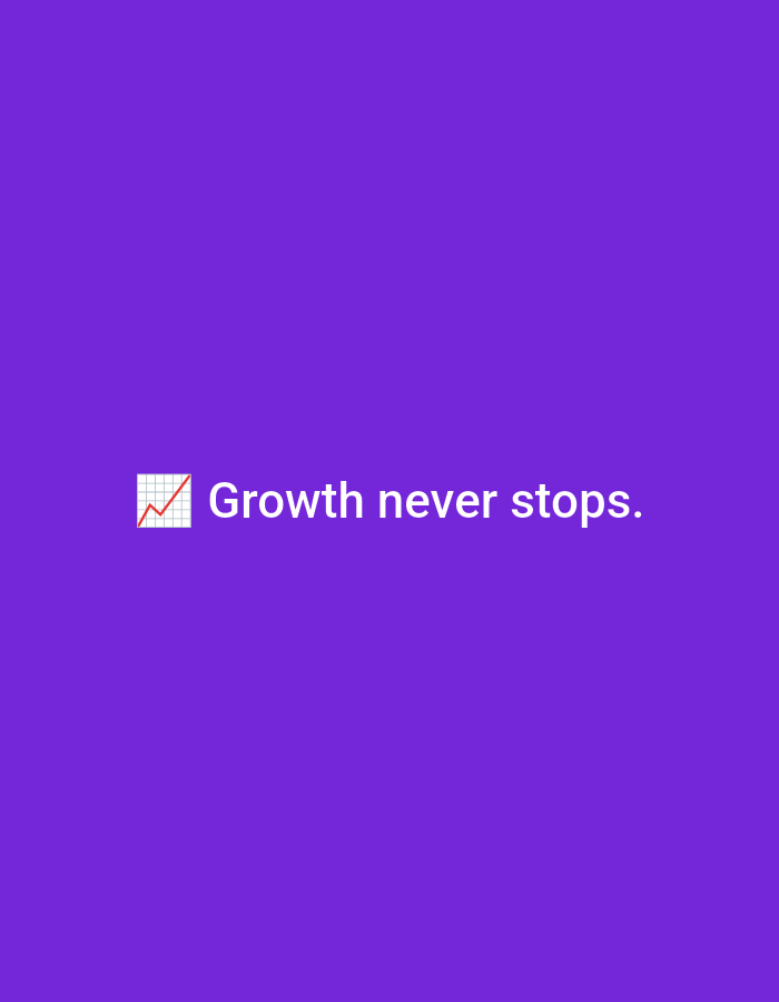 The image displays a solid purple background with a white graphic and text positioned centrally. The graphic consists of a small grid, resembling graph paper, with a bold red line charting an upward trajectory from the lower left to the upper right corner. To the right of this icon, in white sans-serif font, is the phrase "Growth never stops." The image contains no visual elements or contextual information that would indicate a specific geographic location, such as the city of Casablanca, Morocco.