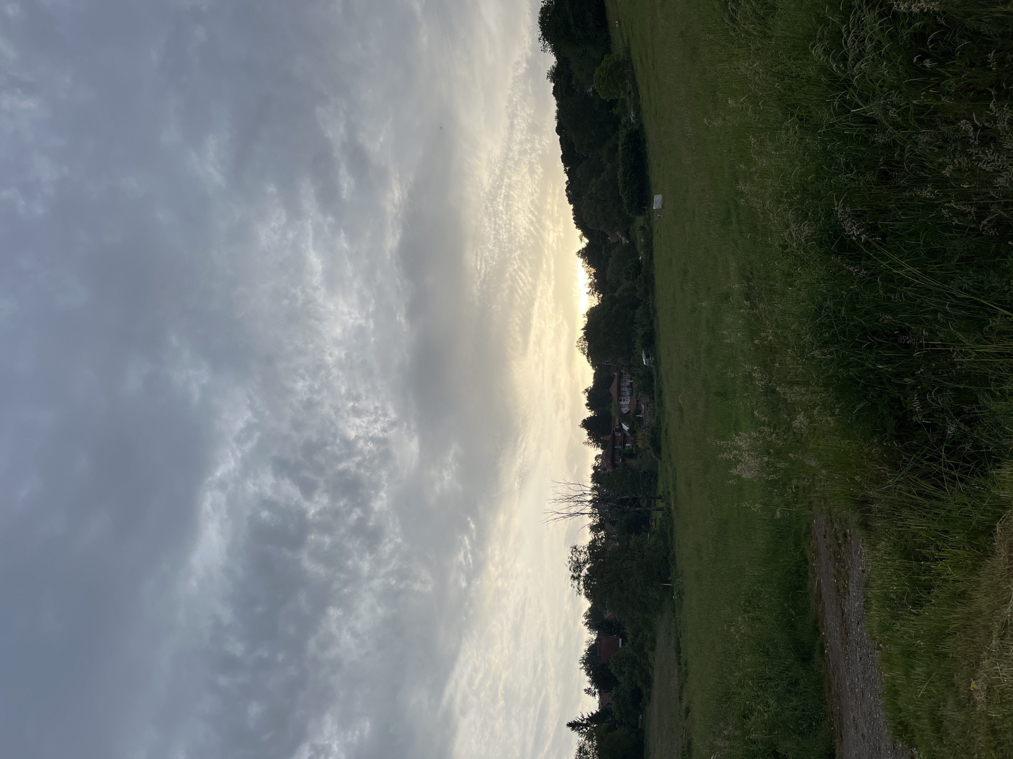 The image shows a landscape under a cloudy sky. On the right side of the image, there is a grassy field and patches of trees that contain some buildings. A small dirt path is visible at the bottom right. The sky is filled with layered clouds, with an area of diffused sunlight near the center.