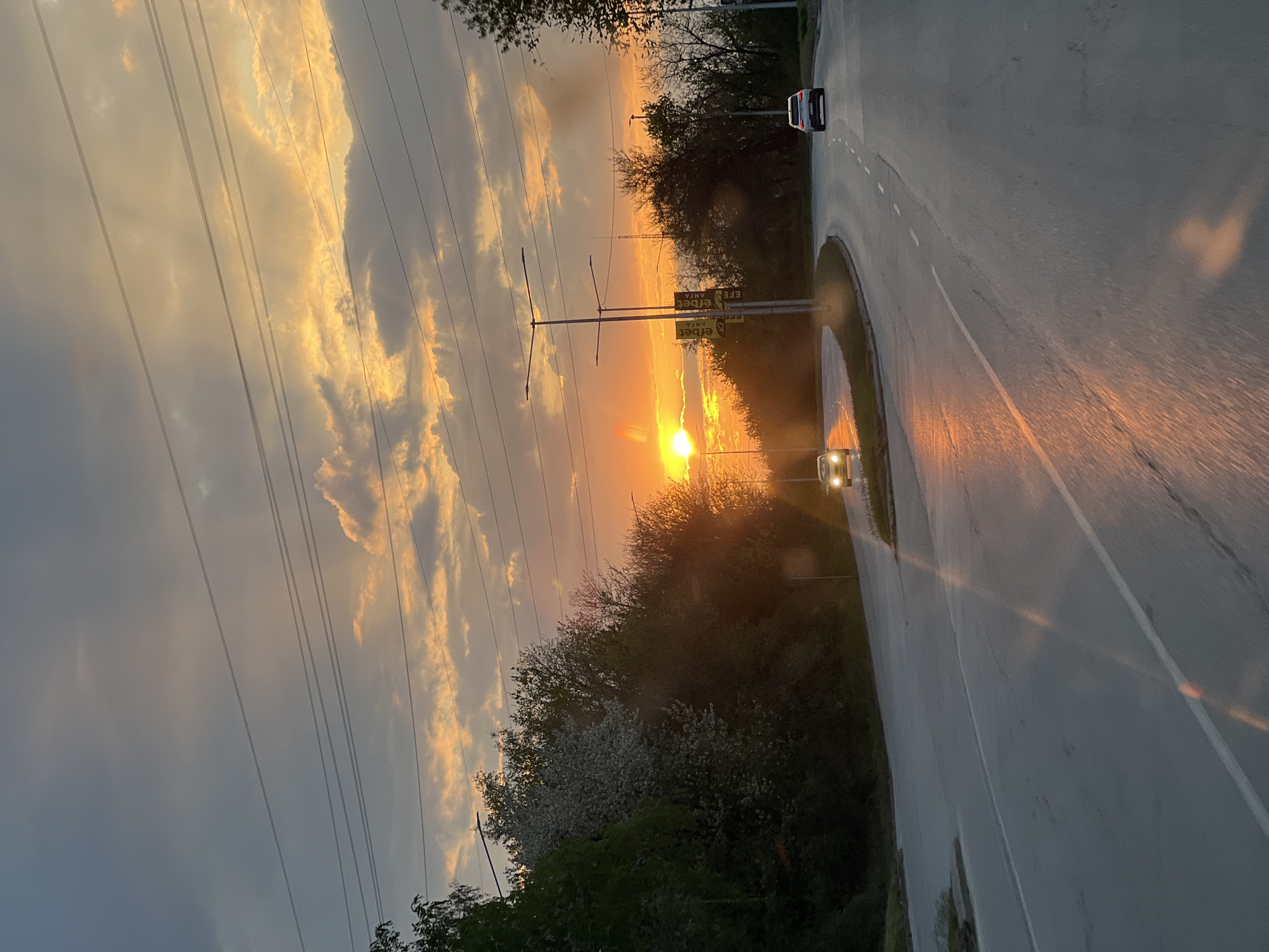 The image depicts a road in Pleven, Bulgaria, at sunset. The road curves with a white line marking the edge. Two cars are visible, one moving away and the other moving towards the camera with headlights on. The sun is setting behind a line of trees, creating a bright glare. Power lines run along the left side of the road. Signboards are visible on the right. The sky is cloudy with patches of orange and yellow reflecting the sunset. The road surface appears wet.