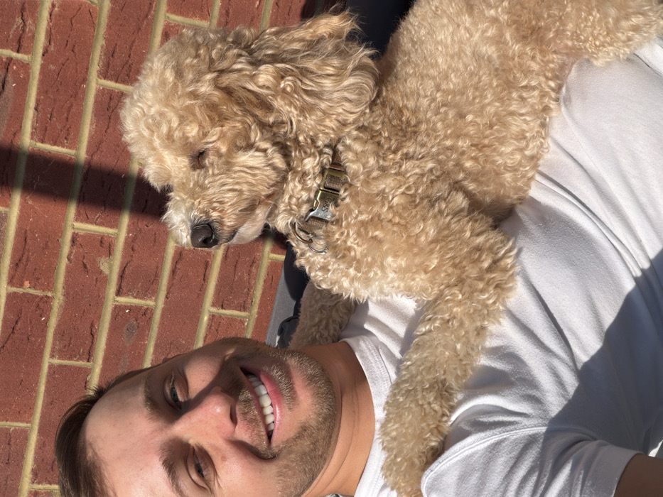 An outdoor scene in London, United Kingdom, features a Caucasian male and a light-colored dog in bright daylight. The male, estimated to be between 25 and 35 years old, has short brown hair and light facial stubble, and is smiling directly into the camera. He is wearing a white short-sleeved t-shirt. A light brown, curly-coated dog, consistent with a poodle or doodle breed, rests on the man's chest and left shoulder. The dog wears an olive-toned collar with a metallic buckle and an unidentified rectangular tag. Its head is angled upwards and to its right, with eyes partially closed, facing away from the camera. The man's left arm is positioned under the dog, providing support. The background reveals a red-brown brick wall, illuminated by direct sunlight, which casts distinct shadows, including a diagonal shadow on the brickwork. A dark, possibly grey, surface is visible behind the dog's back.