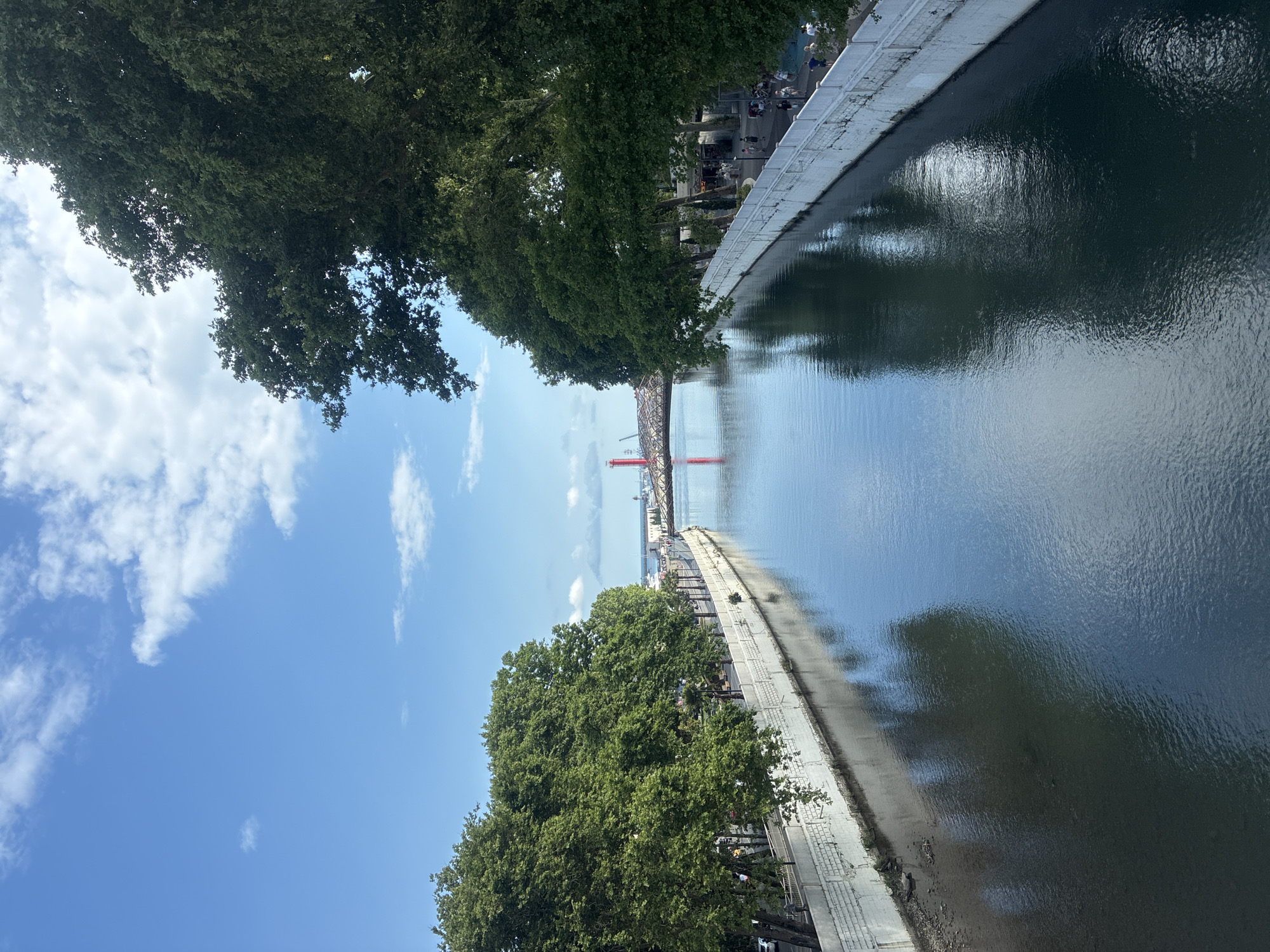 This media file captures a serene scene along a waterfront in Sochi, Russia. The image is oriented vertically, with the sky and trees occupying the upper left portion and a calm body of water with a concrete embankment filling the rest. Lush green trees overhang the scene, casting dappled shadows, while a bright blue sky dotted with white clouds indicates fair weather.
Along the embankment, a paved walkway is visible, with several people strolling or gathered. Some appear to be sitting at outdoor cafes or shops set back from the walkway, suggesting a lively public area. In the distance, a red bridge with a distinctive lattice structure spans the water, hinting at the urban infrastructure of the city. The water itself is dark and reflective, mirroring the sky and trees. The concrete embankment is sturdy and well-maintained, with visible stone blocks forming its structure. The overall impression is one of a pleasant, possibly mid-afternoon scene in a well-frequented waterfront park or promenade. No visible text is present in the image.