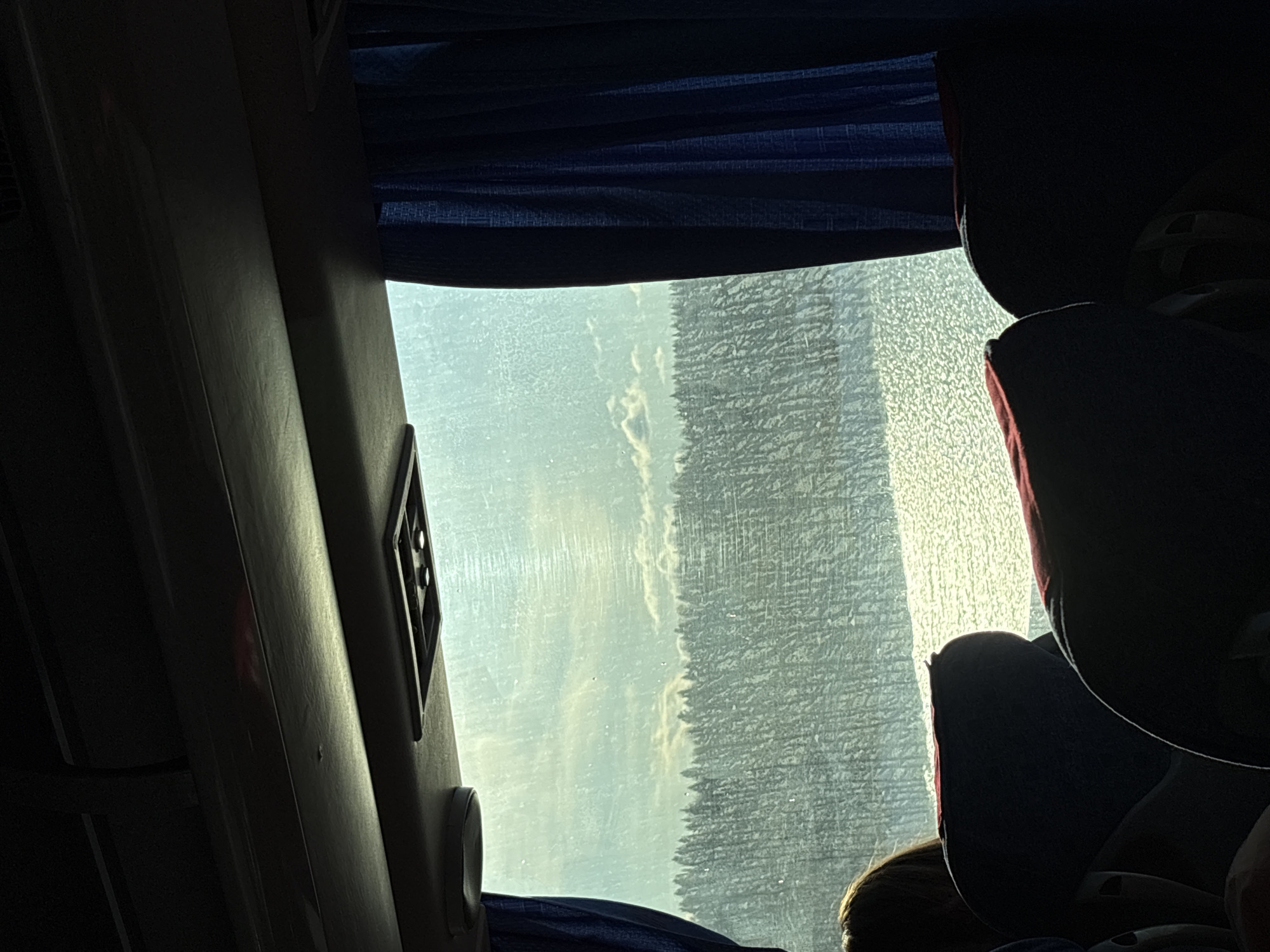 The image shows the view from a bus window. Through the frosted glass, trees are visible outside, and there is a glimpse of a cloudy sky. Inside the bus, blue curtains are partially drawn above the window. To the side, a portion of the bus interior is visible, including a panel with a vent and the dark form of a passenger seat with a red accent. The scene is dimly lit. The location is Usolye, Russia.